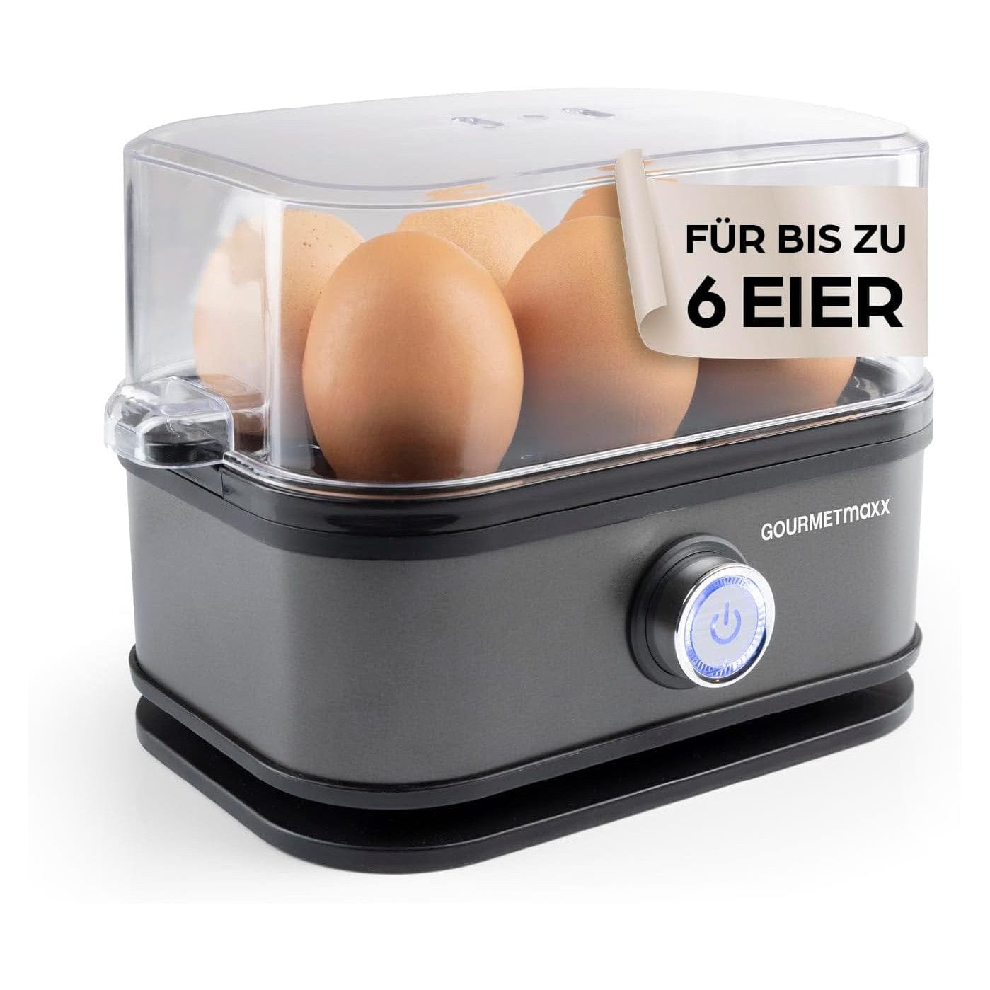 Gourmetmaxx Design Eierkocher Für 2 Eier | Kompakter Egg Boiler | Egg Cooker Mit Eierstecher, Messbecher & Signalton | 3 Härtegrade | Leichte Reinigung & Spülmaschinenfeste Teile Schwarz / 2 Eier