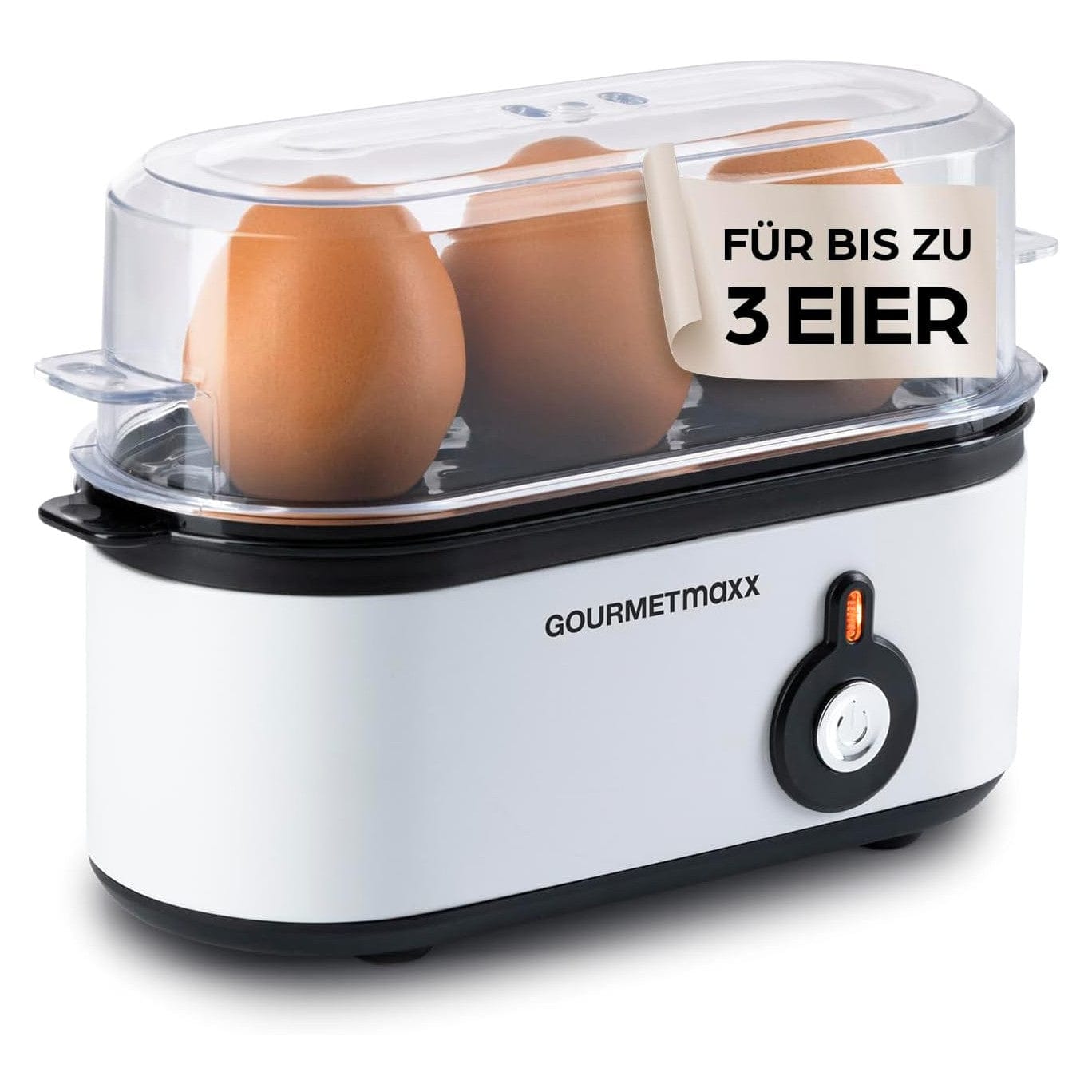 Gourmetmaxx Design Eierkocher Für 2 Eier | Kompakter Egg Boiler | Egg Cooker Mit Eierstecher, Messbecher & Signalton | 3 Härtegrade | Leichte Reinigung & Spülmaschinenfeste Teile Schwarz / 2 Eier