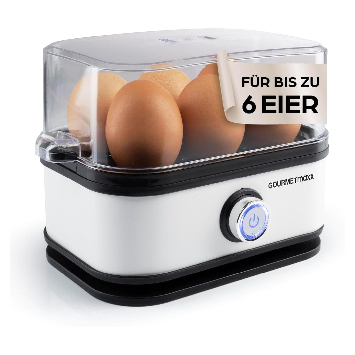 Gourmetmaxx Design Eierkocher Für 2 Eier | Kompakter Egg Boiler | Egg Cooker Mit Eierstecher, Messbecher & Signalton | 3 Härtegrade | Leichte Reinigung & Spülmaschinenfeste Teile Schwarz / 2 Eier