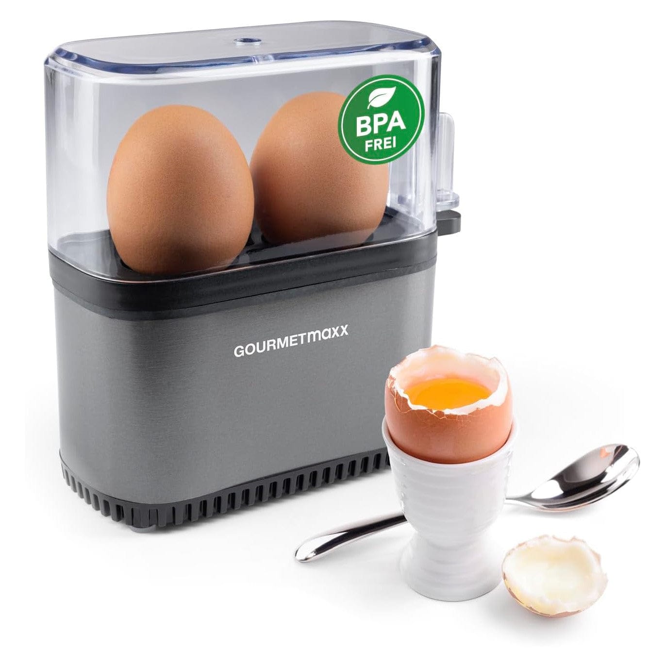 Gourmetmaxx Design Eierkocher Für 2 Eier | Kompakter Egg Boiler | Egg Cooker Mit Eierstecher, Messbecher & Signalton | 3 Härtegrade | Leichte Reinigung & Spülmaschinenfeste Teile Schwarz / 2 Eier