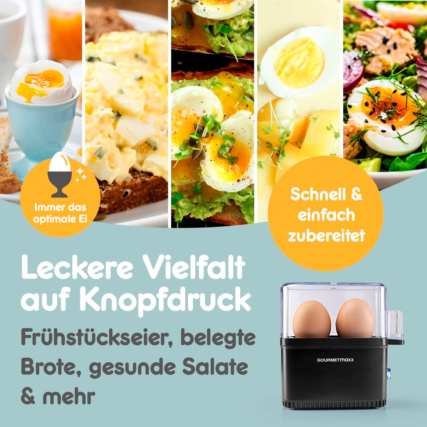 Gourmetmaxx Design Eierkocher Für 2 Eier | Kompakter Egg Boiler | Egg Cooker Mit Eierstecher, Messbecher & Signalton | 3 Härtegrade | Leichte Reinigung & Spülmaschinenfeste Teile Schwarz / 2 Eier