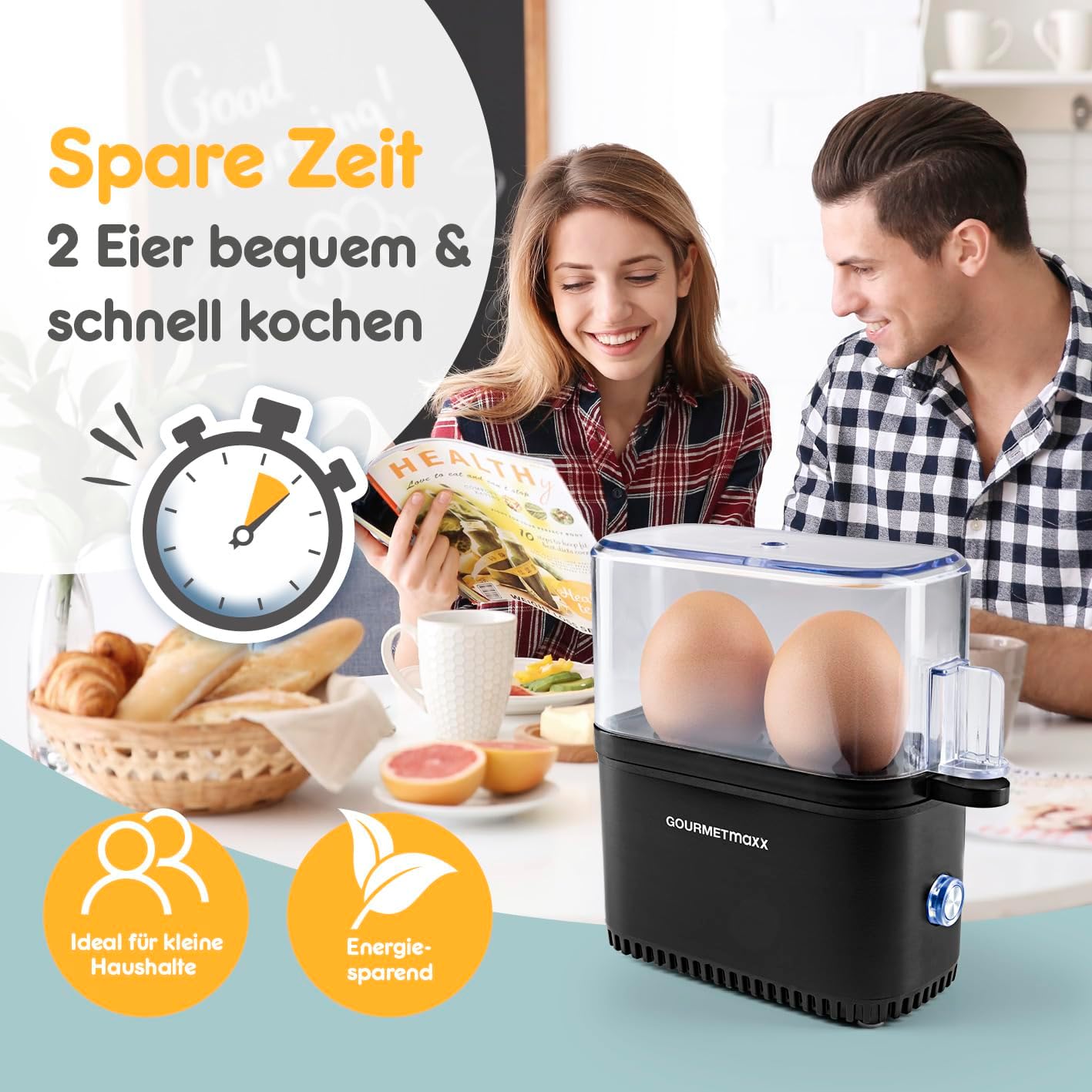 Gourmetmaxx Design Eierkocher Für 2 Eier | Kompakter Egg Boiler | Egg Cooker Mit Eierstecher, Messbecher & Signalton | 3 Härtegrade | Leichte Reinigung & Spülmaschinenfeste Teile Schwarz / 2 Eier