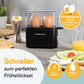 Gourmetmaxx Design Eierkocher Für 2 Eier | Kompakter Egg Boiler | Egg Cooker Mit Eierstecher, Messbecher & Signalton | 3 Härtegrade | Leichte Reinigung & Spülmaschinenfeste Teile Schwarz / 2 Eier