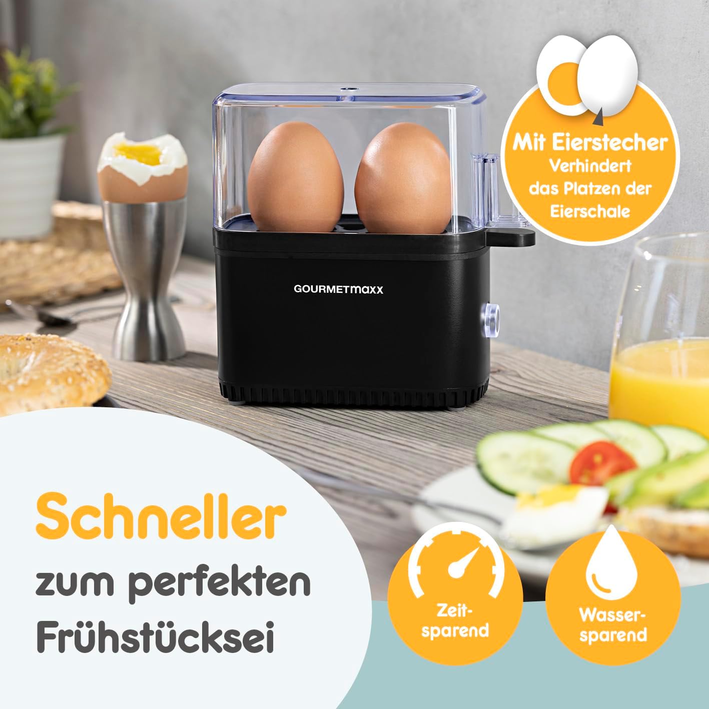 Gourmetmaxx Design Eierkocher Für 2 Eier | Kompakter Egg Boiler | Egg Cooker Mit Eierstecher, Messbecher & Signalton | 3 Härtegrade | Leichte Reinigung & Spülmaschinenfeste Teile Schwarz / 2 Eier
