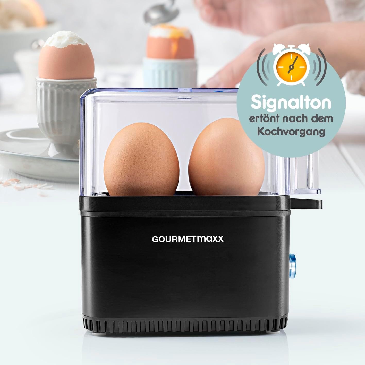 Gourmetmaxx Design Eierkocher Für 2 Eier | Kompakter Egg Boiler | Egg Cooker Mit Eierstecher, Messbecher & Signalton | 3 Härtegrade | Leichte Reinigung & Spülmaschinenfeste Teile Schwarz / 2 Eier
