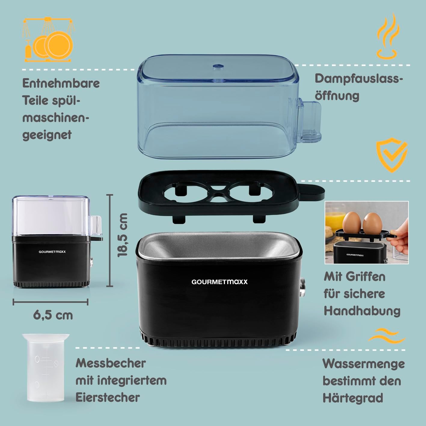 Gourmetmaxx Design Eierkocher Für 2 Eier | Kompakter Egg Boiler | Egg Cooker Mit Eierstecher, Messbecher & Signalton | 3 Härtegrade | Leichte Reinigung & Spülmaschinenfeste Teile Schwarz / 2 Eier