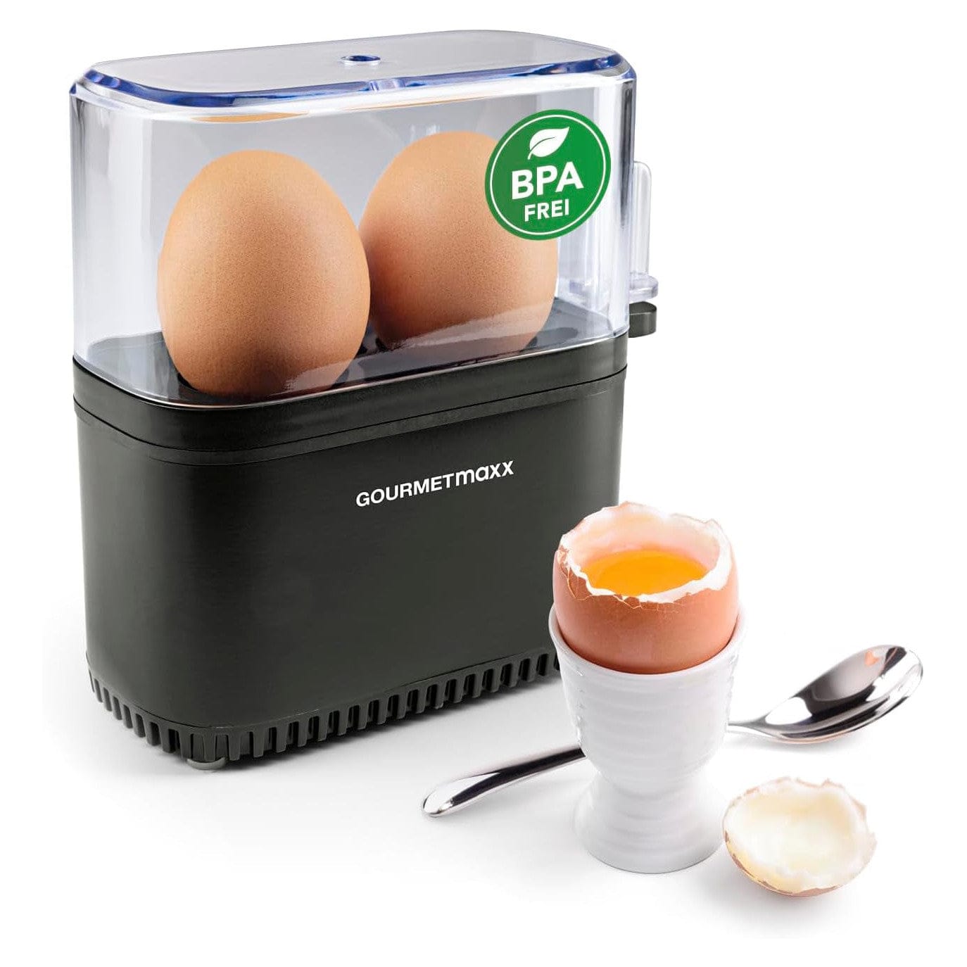 Gourmetmaxx Design Eierkocher Für 2 Eier | Kompakter Egg Boiler | Egg Cooker Mit Eierstecher, Messbecher & Signalton | 3 Härtegrade | Leichte Reinigung & Spülmaschinenfeste Teile Schwarz / 2 Eier
