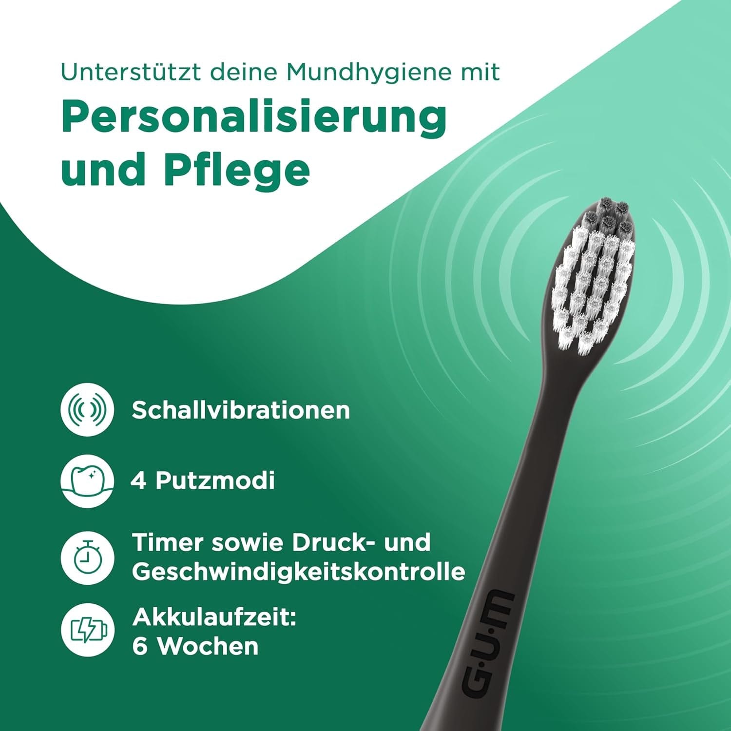 GUM SMART ONE Elektrische Zahnbürste | Geschwindigkeitskontrolle | Timer | 4 Putzmodi | 6 Wochen Akkulaufzeit | GUM SMART App | 1X Schall-Zahnbürste | 2X Bürstenköpfe | Schwarz