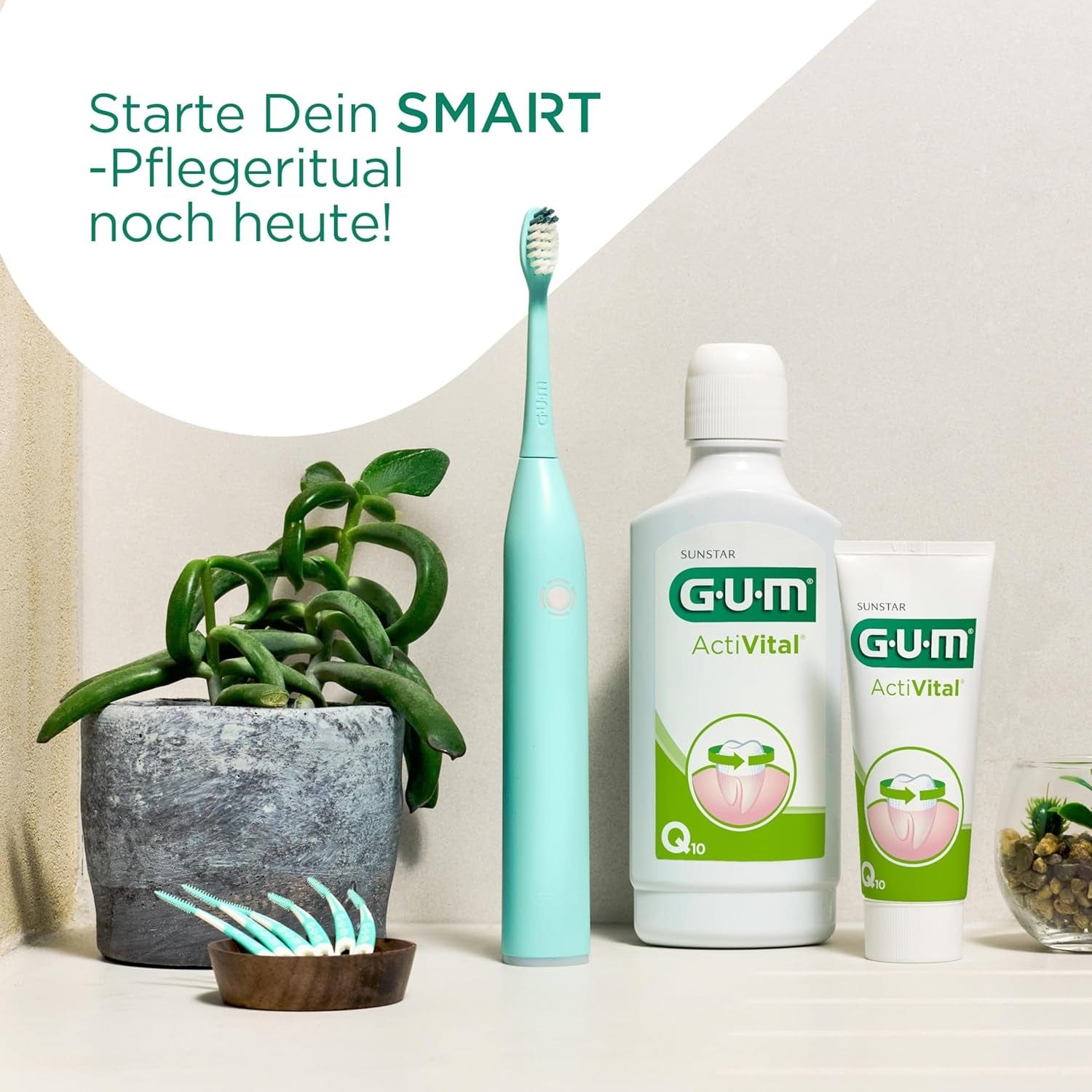 GUM SMART ONE Elektrische Zahnbürste | Geschwindigkeitskontrolle | Timer | 4 Putzmodi | 6 Wochen Akkulaufzeit | GUM SMART App | 1X Schall-Zahnbürste | 2X Bürstenköpfe | Schwarz