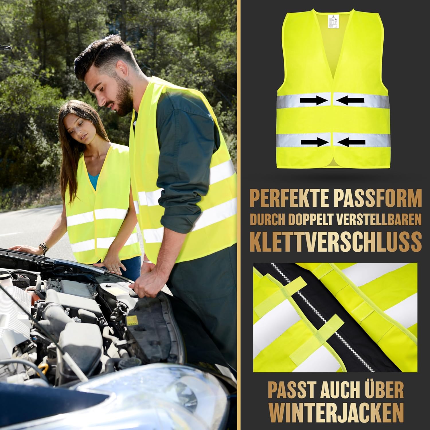 HELDENWERK Auto Warnweste 2Er Set Für Erwachsene Europaweit Einsetzbar - Reflektierende Warnwesten 2025 - PKW Sicherheitsweste, Pannenweste, KFZ Weste