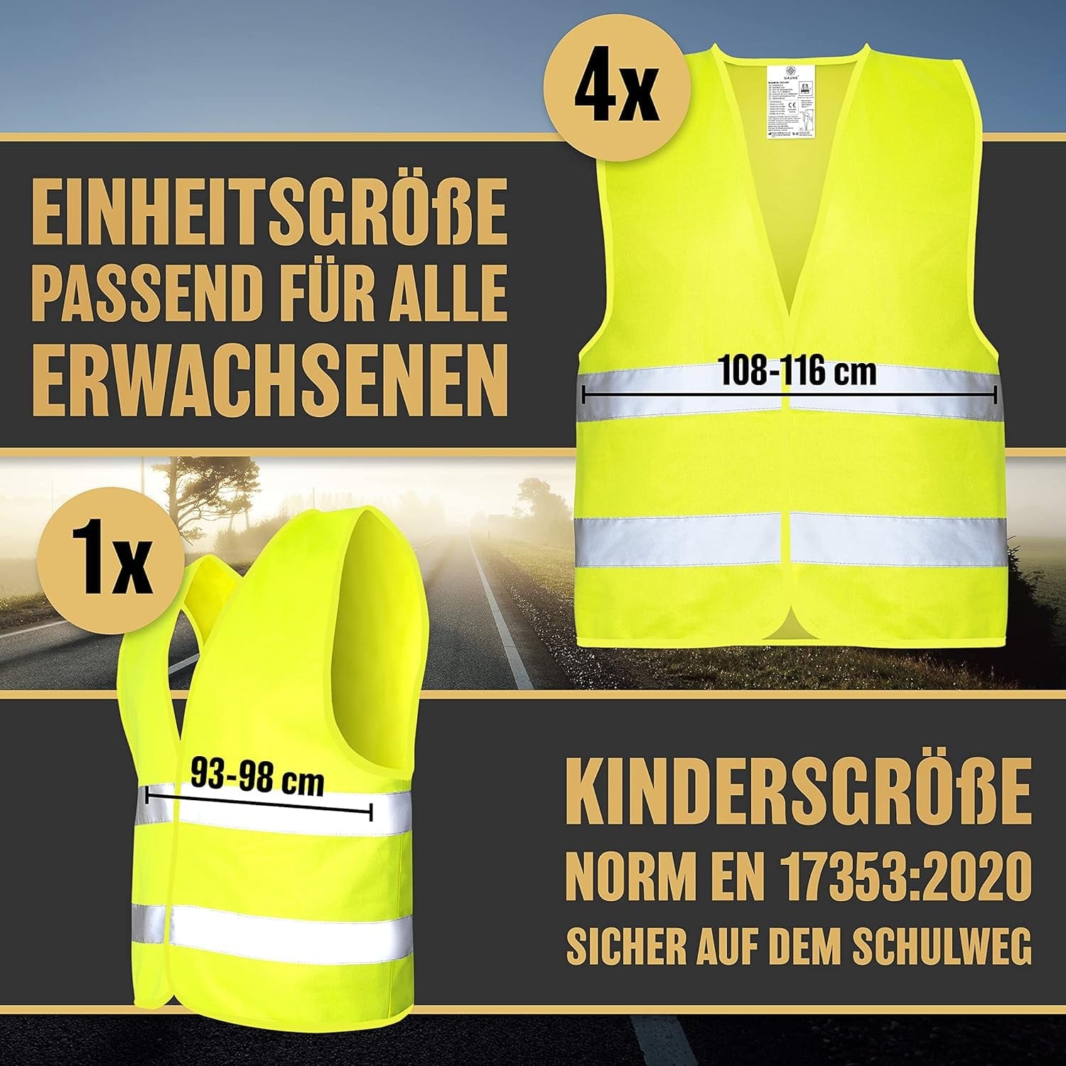 HELDENWERK Warnwesten Auto 5Er 4+1 Set Europaweit Gültig Nach EN ISO 20471 - Reflektierende Warnweste Auto Inkl. Kinderweste - Sicherheitsweste Auto Warnweste Gelb - Warnschutzweste Sicherheitswesten Gelb