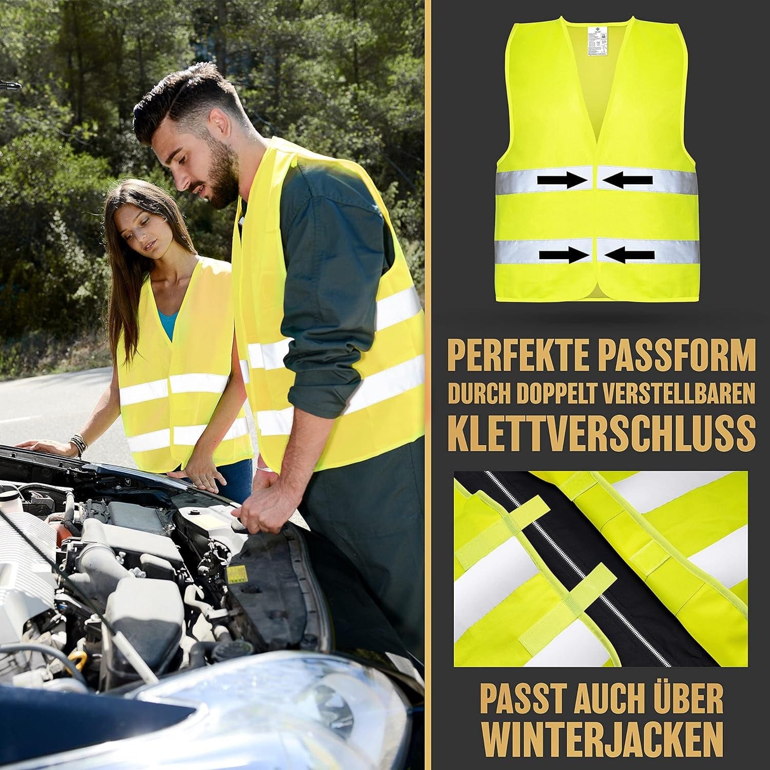 HELDENWERK Warnwesten Auto 5Er 4+1 Set Europaweit Gültig Nach EN ISO 20471 - Reflektierende Warnweste Auto Inkl. Kinderweste - Sicherheitsweste Auto Warnweste Gelb - Warnschutzweste Sicherheitswesten Gelb