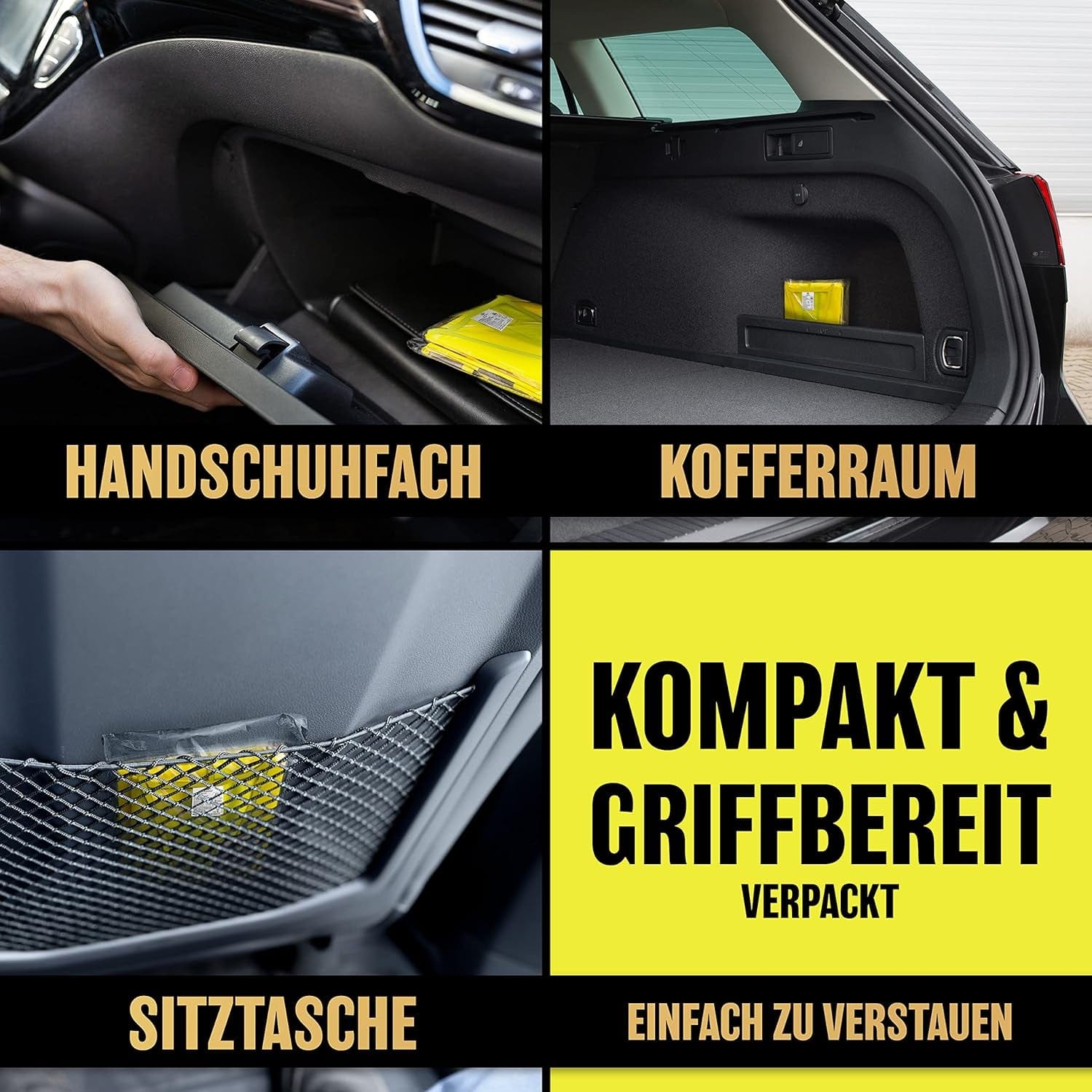 HELDENWERK Warnwesten Auto 5Er 4+1 Set Europaweit Gültig Nach EN ISO 20471 - Reflektierende Warnweste Auto Inkl. Kinderweste - Sicherheitsweste Auto Warnweste Gelb - Warnschutzweste Sicherheitswesten Gelb