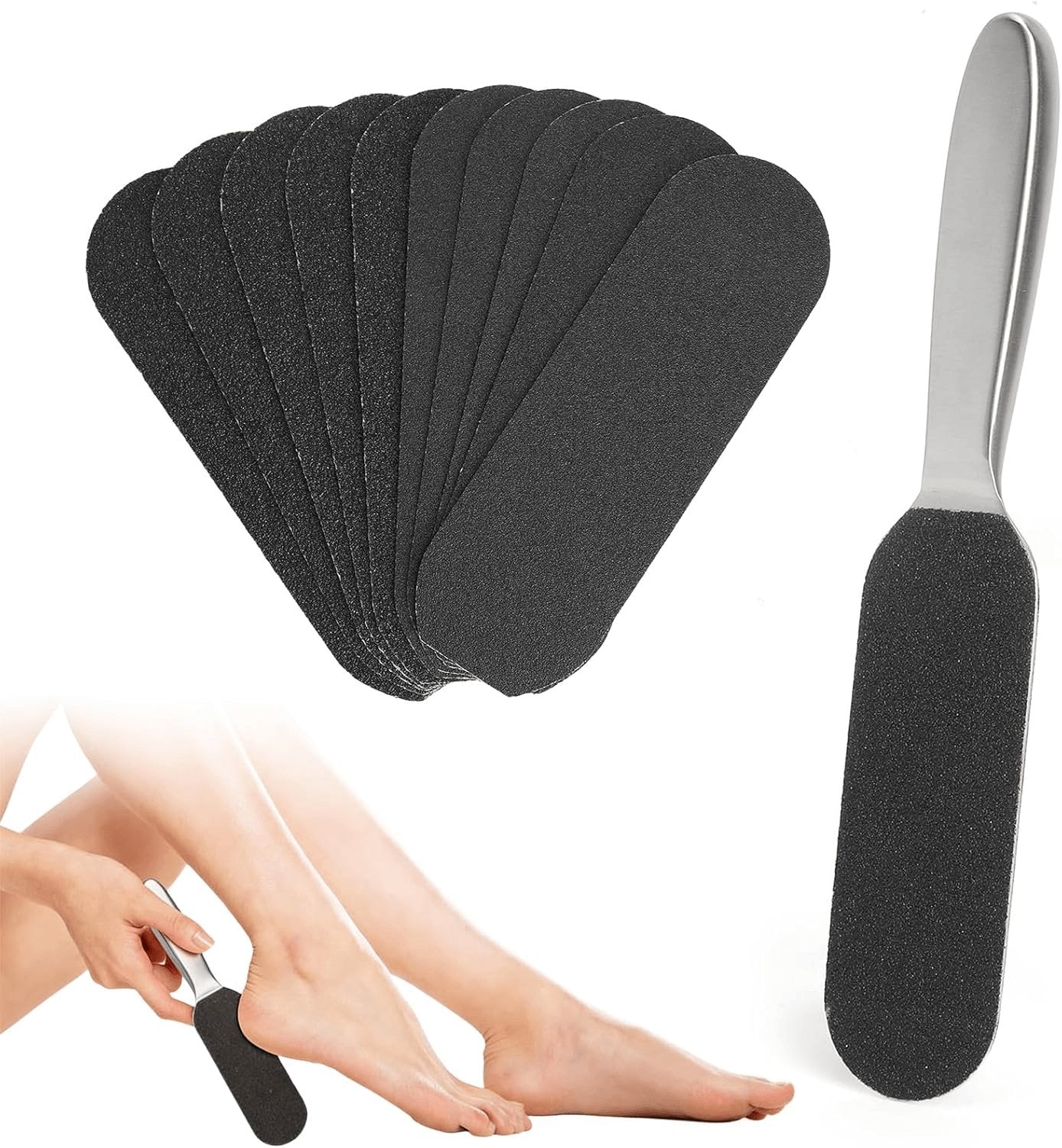 Hornhautentferner Fußfeile Set Mit Edelstahlgriff – 50 Stück Ersatzpads Für Hornhaut Entfernen & Fußpflege – Extra Große Raspel Für Ferse & Fußsohle – Perfekt Für Zuhause, Reise, Männer & Frauen