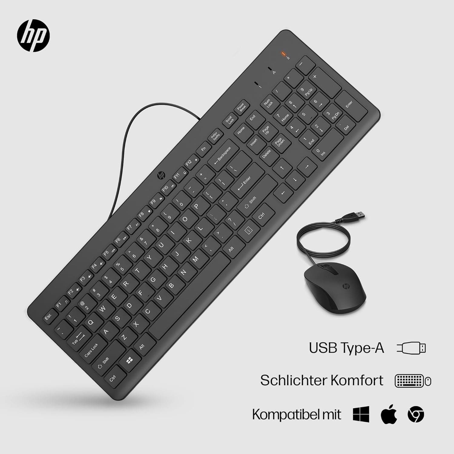HP 150 Kabelgebundene Maus-Tastaturkombination, USB-A Anschlüsse, 12 Fn Tasten, 1.600 DPI, Funktioniert Mit Windows & Mac, Leise, QWERTZ Layout, Schwarz