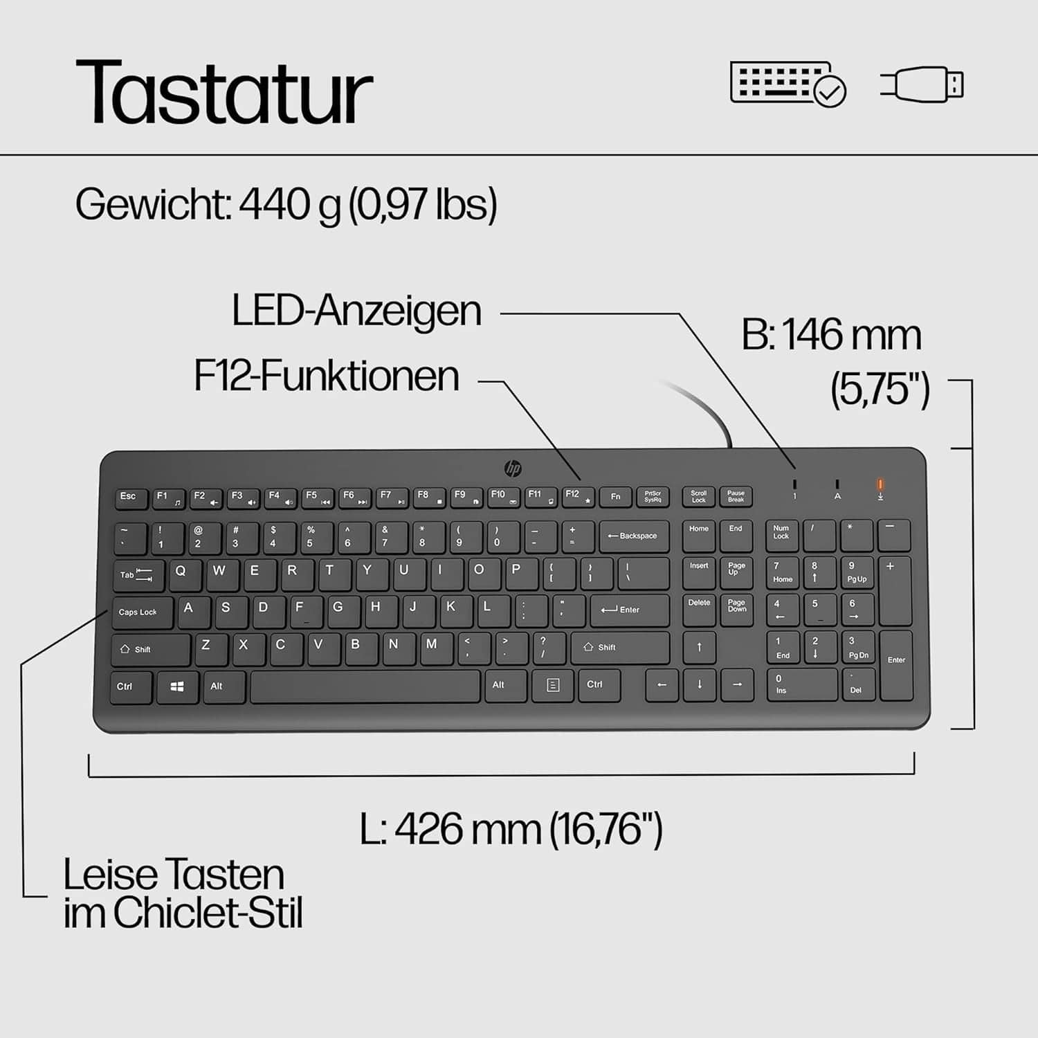 HP 150 Kabelgebundene Maus-Tastaturkombination, USB-A Anschlüsse, 12 Fn Tasten, 1.600 DPI, Funktioniert Mit Windows & Mac, Leise, QWERTZ Layout, Schwarz