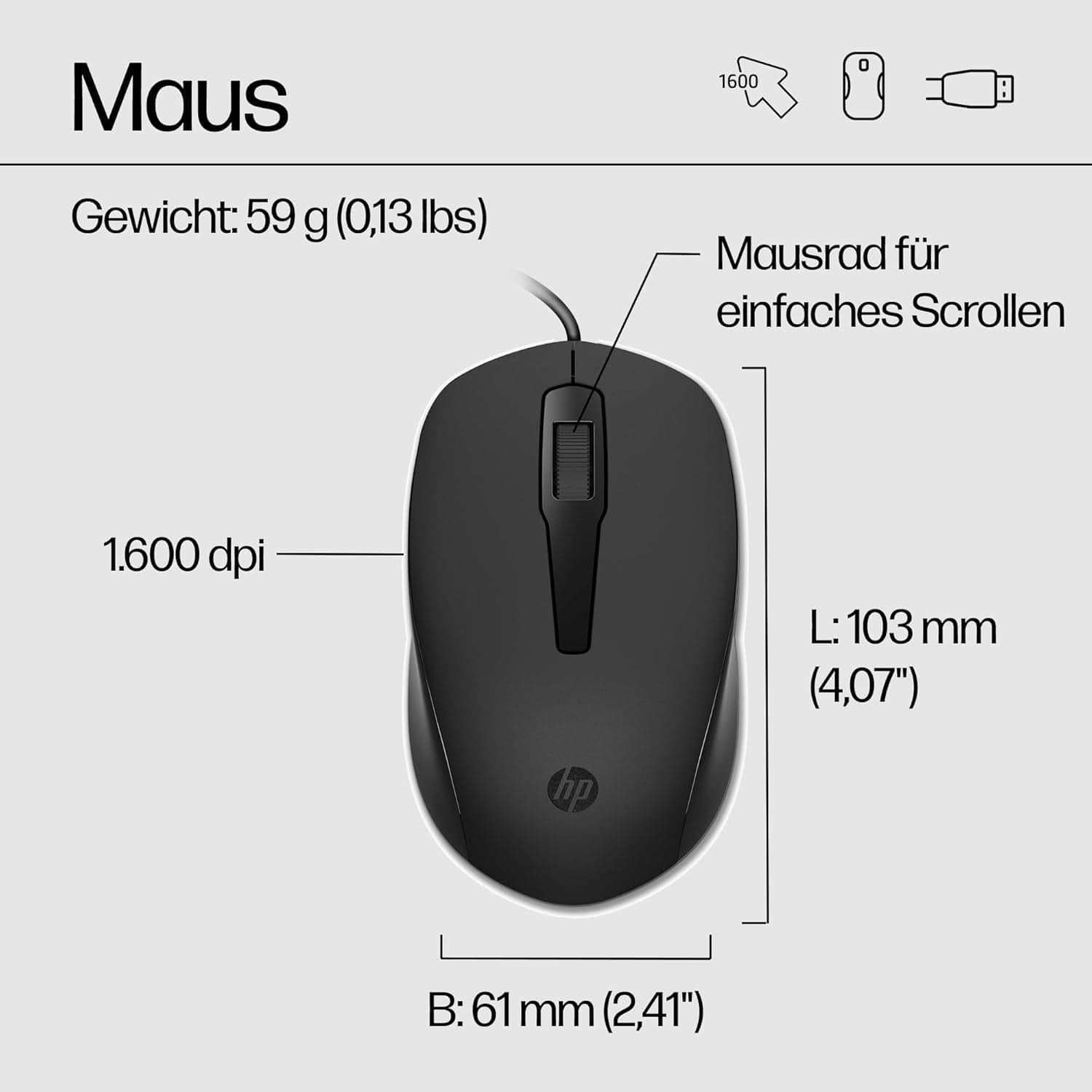 HP 150 Kabelgebundene Maus-Tastaturkombination, USB-A Anschlüsse, 12 Fn Tasten, 1.600 DPI, Funktioniert Mit Windows & Mac, Leise, QWERTZ Layout, Schwarz