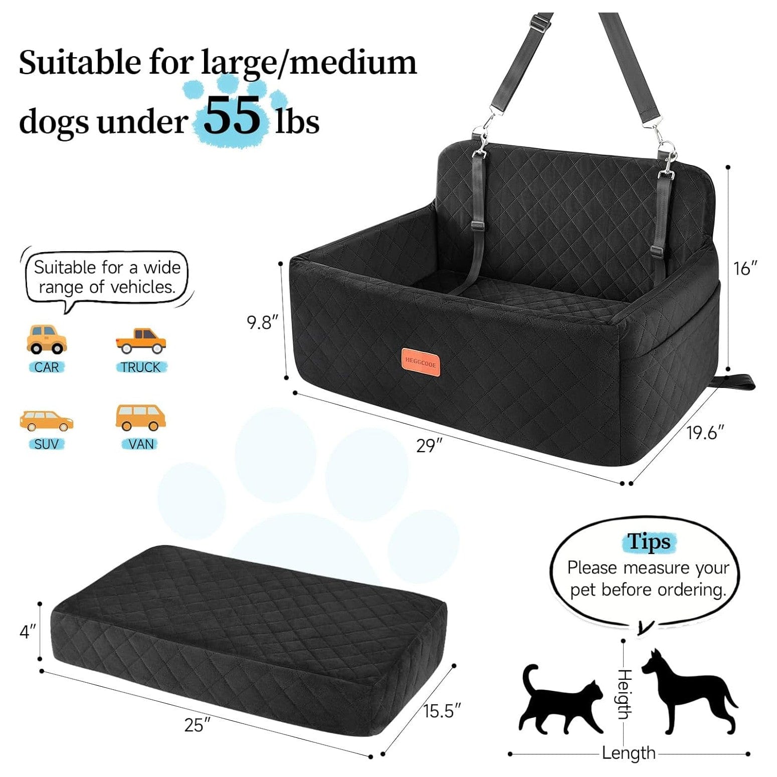 Hunde Autositz Für Mittlerer / Große Hunde, Hunde-Sitzerhöhung Für Mittlerer Oder 2 Kleine Hunde, Abnehmbarer & Waschbarer Hundesitz Auto, Hundebett Auto Für Den Rücksitz Mit 2 Sicherheitsleinen