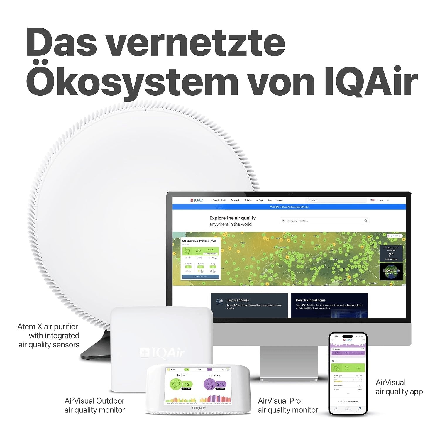 Iqair Airvisual Indoor Luftqualitätsmessgerät Für Innenräume. CO2 Messgerät & PM2.5 Feinstaubmonitor Mit App. Wifi Smart Air Quality Monitor Mit AQI Echtzeitdaten, Temperatur & Luftfeuchtigkeit