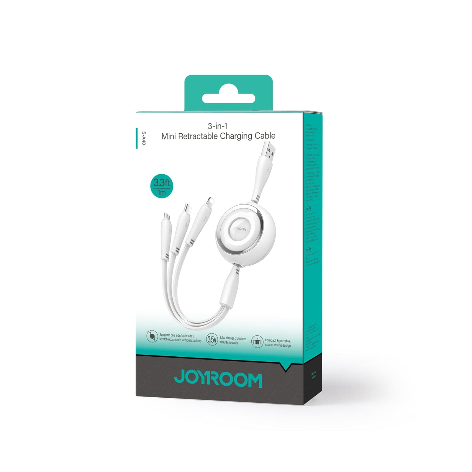 Joyroom Colorful Series S-A40 Cable Retractable 3in1 USB-A - USB-C / Lightning / Micro USB 1m - Whi