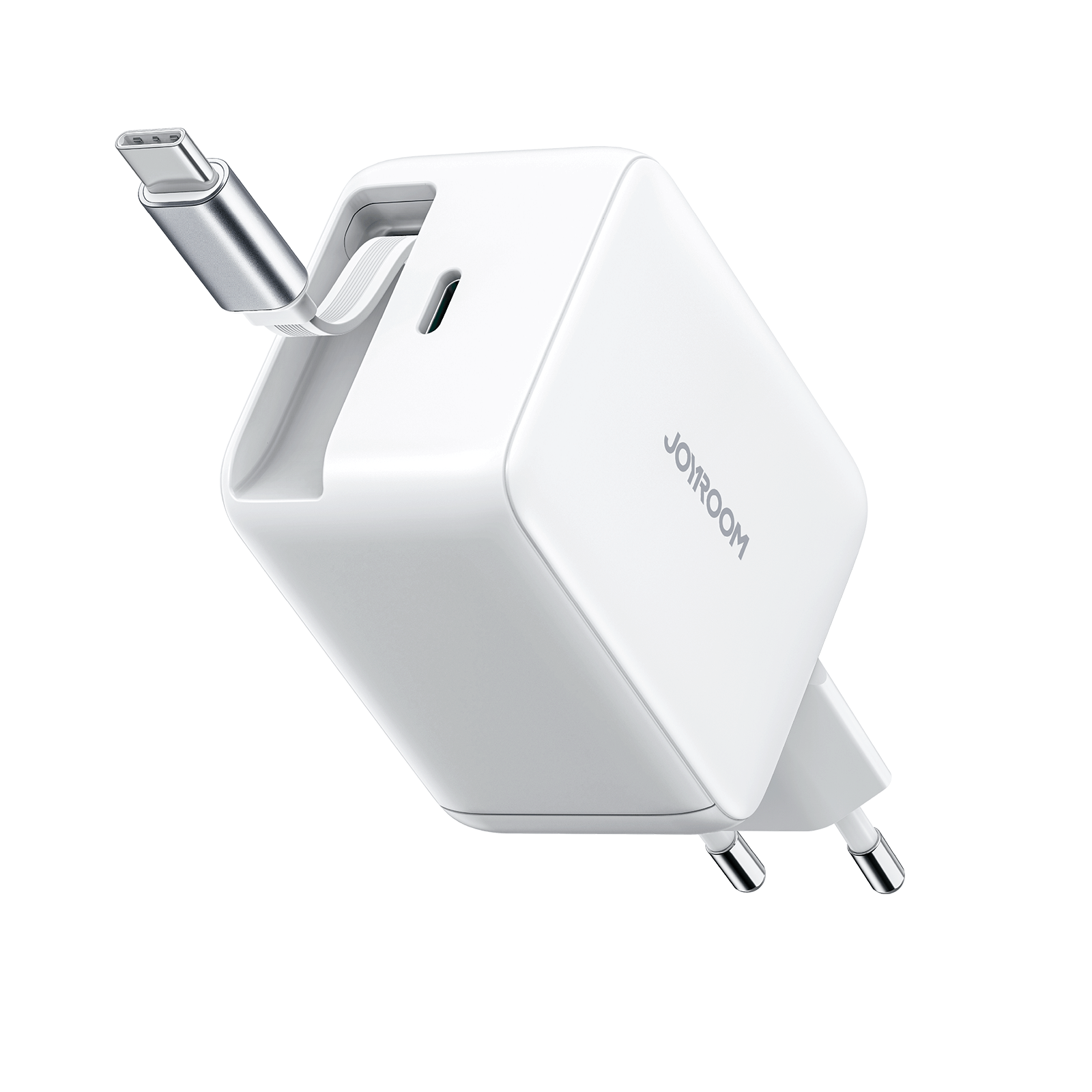 Joyroom JR-TCL06 67W GaN Wall Charger with Built-in Retractable USB-C Cable - White