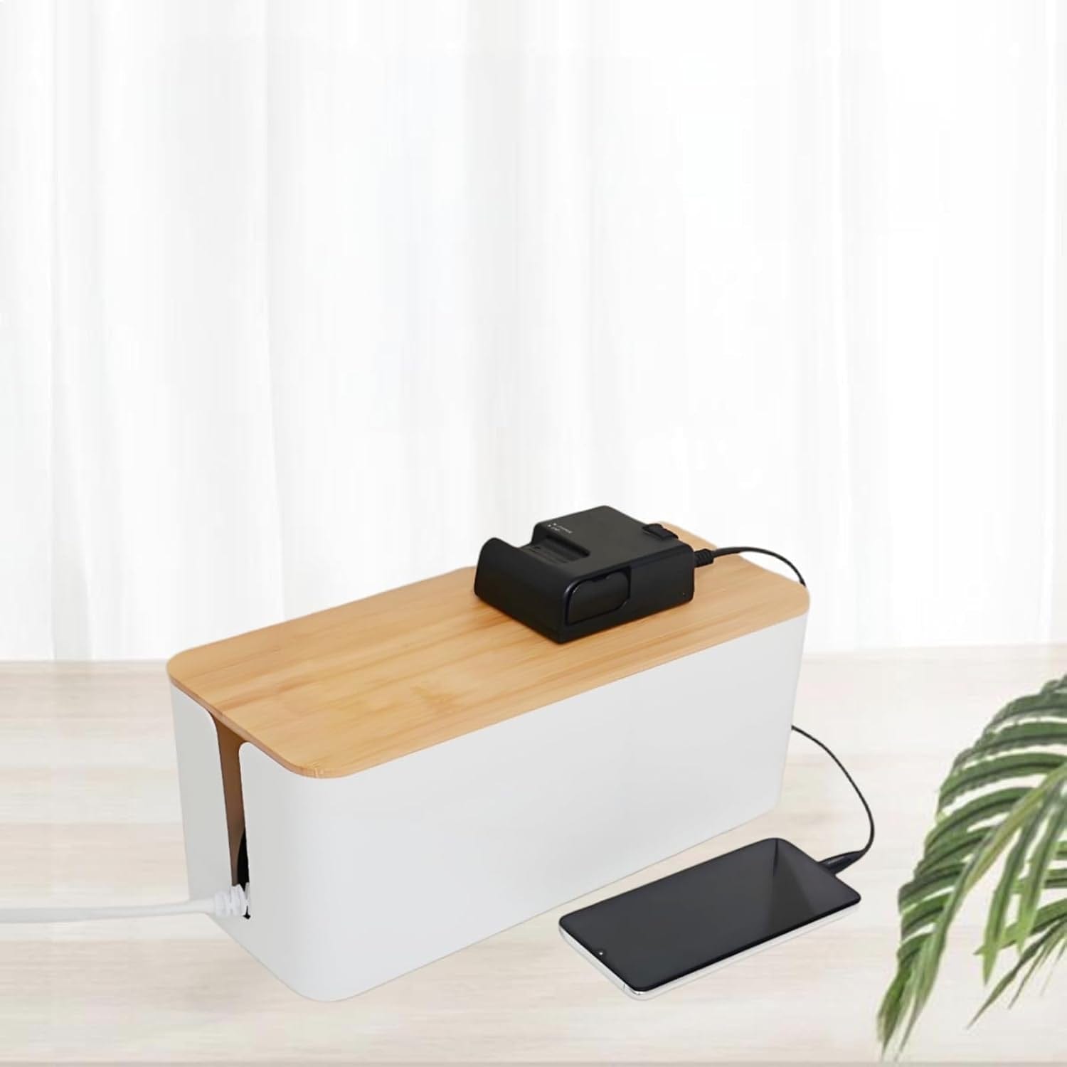 Kabel-Ordnungsbox Weiße Kabelbox Mit Bambusdeckel Kabel-Organizer Kabelmanagement-Box Zum Verstecken Von Kabeln Und Steckern