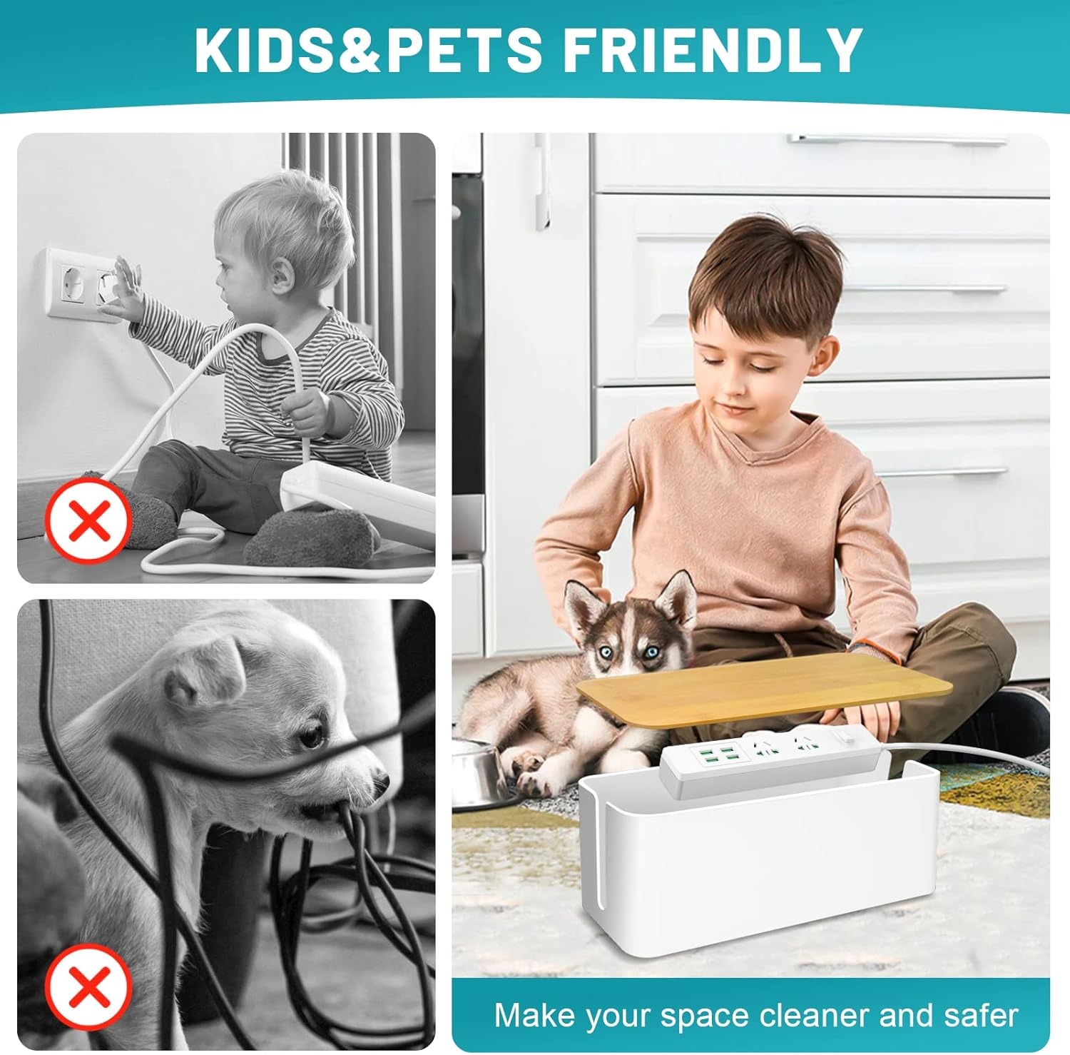 Kabelbox - 3Er Set Aus Abs-Kunststoff Mit Bambusdeckel - Schreibtisch Organizer Zum Kabel Verstecken - Kabelmanagement Box Groß, Medium & Klein (Weiß)