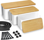 Kabelbox - 3Er Set Aus Abs-Kunststoff Mit Bambusdeckel - Schreibtisch Organizer Zum Kabel Verstecken - Kabelmanagement Box Groß, Medium & Klein (Weiß)