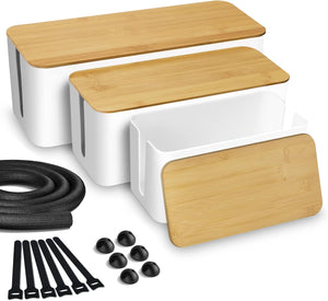 Kabelbox - 3Er Set Aus Abs-Kunststoff Mit Bambusdeckel - Schreibtisch Organizer Zum Kabel Verstecken - Kabelmanagement Box Groß, Medium & Klein (Weiß)