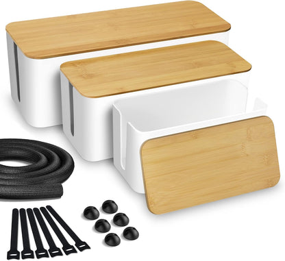 Kabelbox - 3Er Set Aus Abs-Kunststoff Mit Bambusdeckel - Schreibtisch Organizer Zum Kabel Verstecken - Kabelmanagement Box Groß, Medium & Klein (Weiß)
