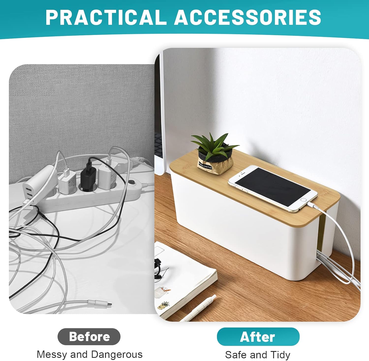 Kabelbox - 3Er Set Aus Abs-Kunststoff Mit Bambusdeckel - Schreibtisch Organizer Zum Kabel Verstecken - Kabelmanagement Box Groß, Medium & Klein (Weiß)