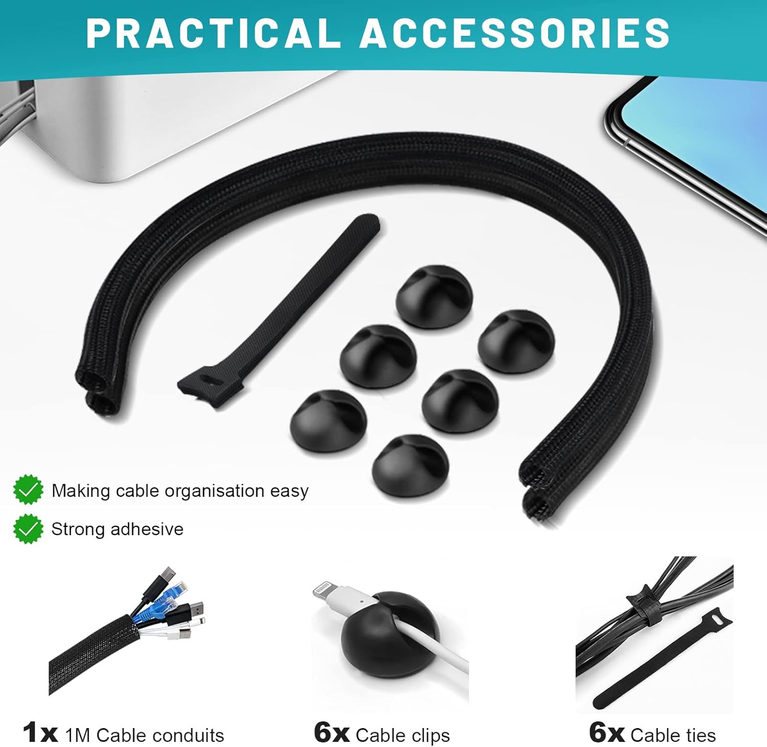 Kabelbox - 3Er Set Aus Abs-Kunststoff Mit Bambusdeckel - Schreibtisch Organizer Zum Kabel Verstecken - Kabelmanagement Box Groß, Medium & Klein (Weiß)