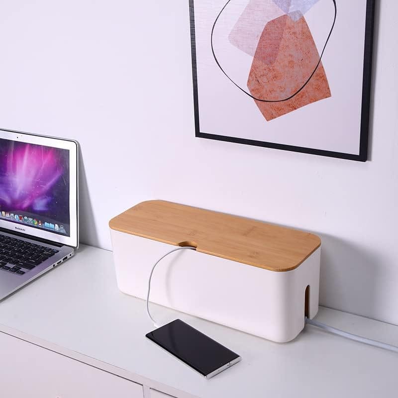 Kabelbox Mit Bambusdeckel, Kabelmanagement-Organizer, Aufbewahrungsbox Zum Verstecken Von Kabeln Organisieren Computerverkabelung 32X13,5X12,5Cm, Weiß
