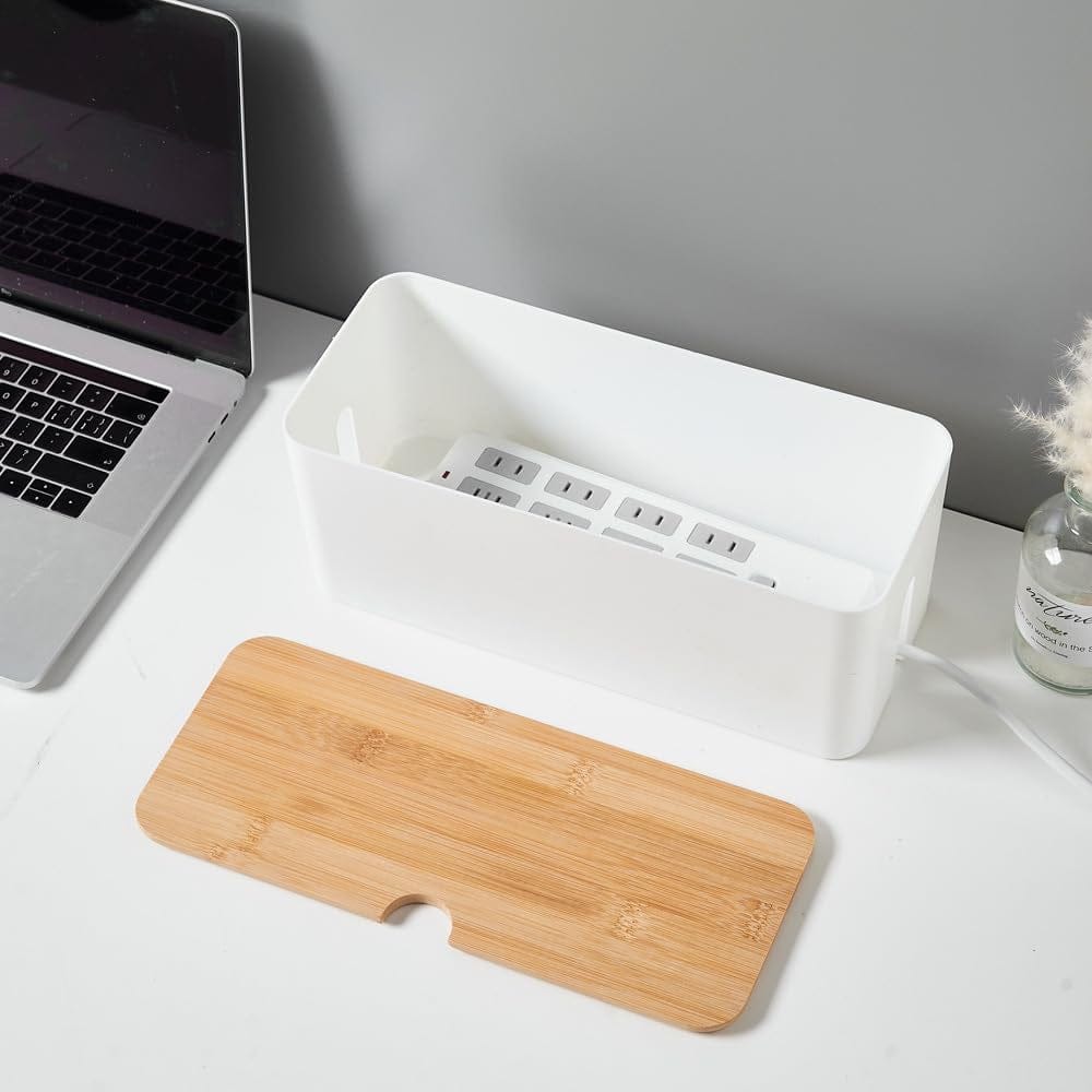 Kabelbox Mit Bambusdeckel, Kabelmanagement-Organizer, Aufbewahrungsbox Zum Verstecken Von Kabeln Organisieren Computerverkabelung 32X13,5X12,5Cm, Weiß
