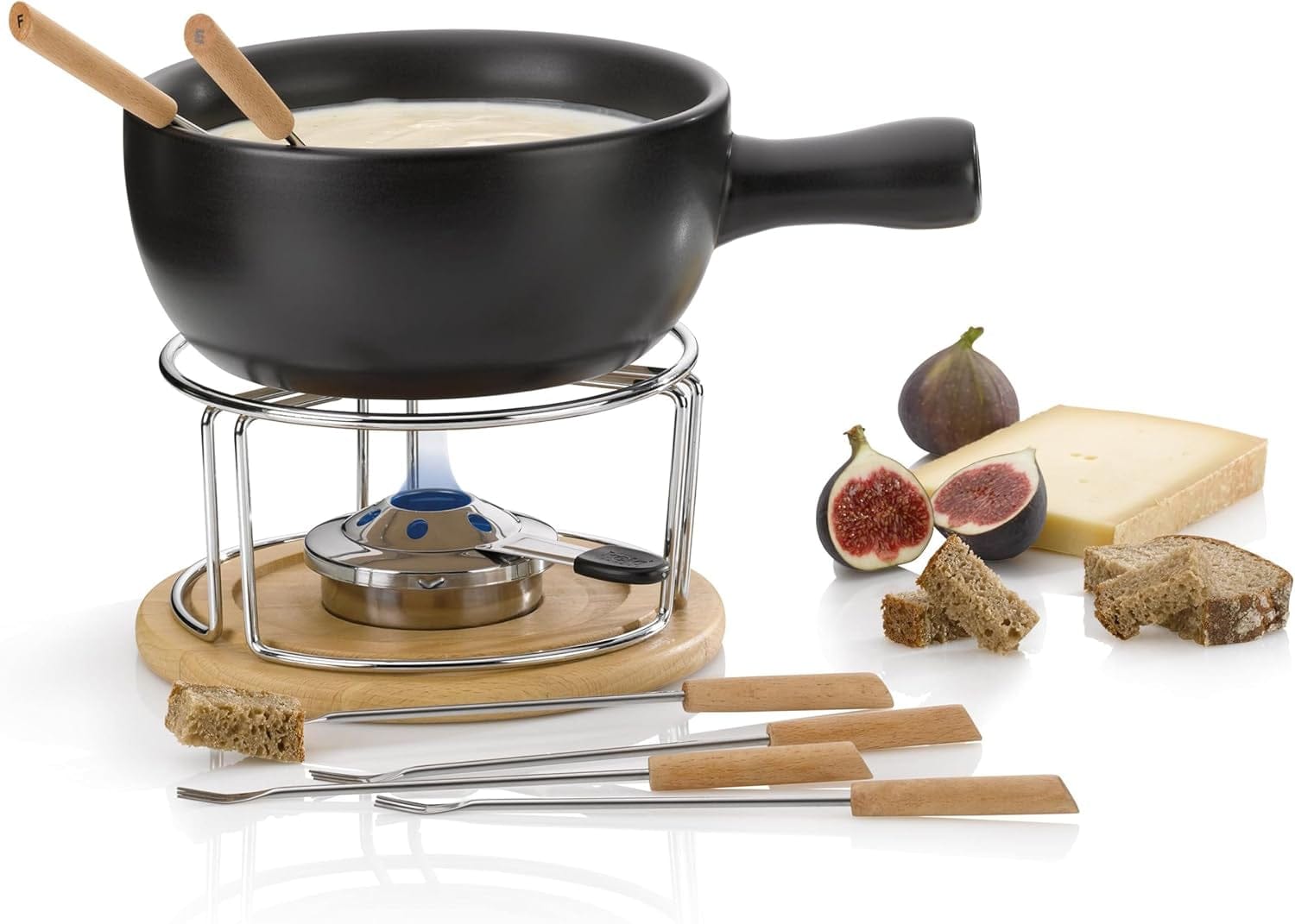 Kela Käsefondue Set 10Tlg, Keramik Fondue Für 6 Personen NATURA, Käse Fondueset Mit Brennpastenhalter, Gabeln, Gabelhalter