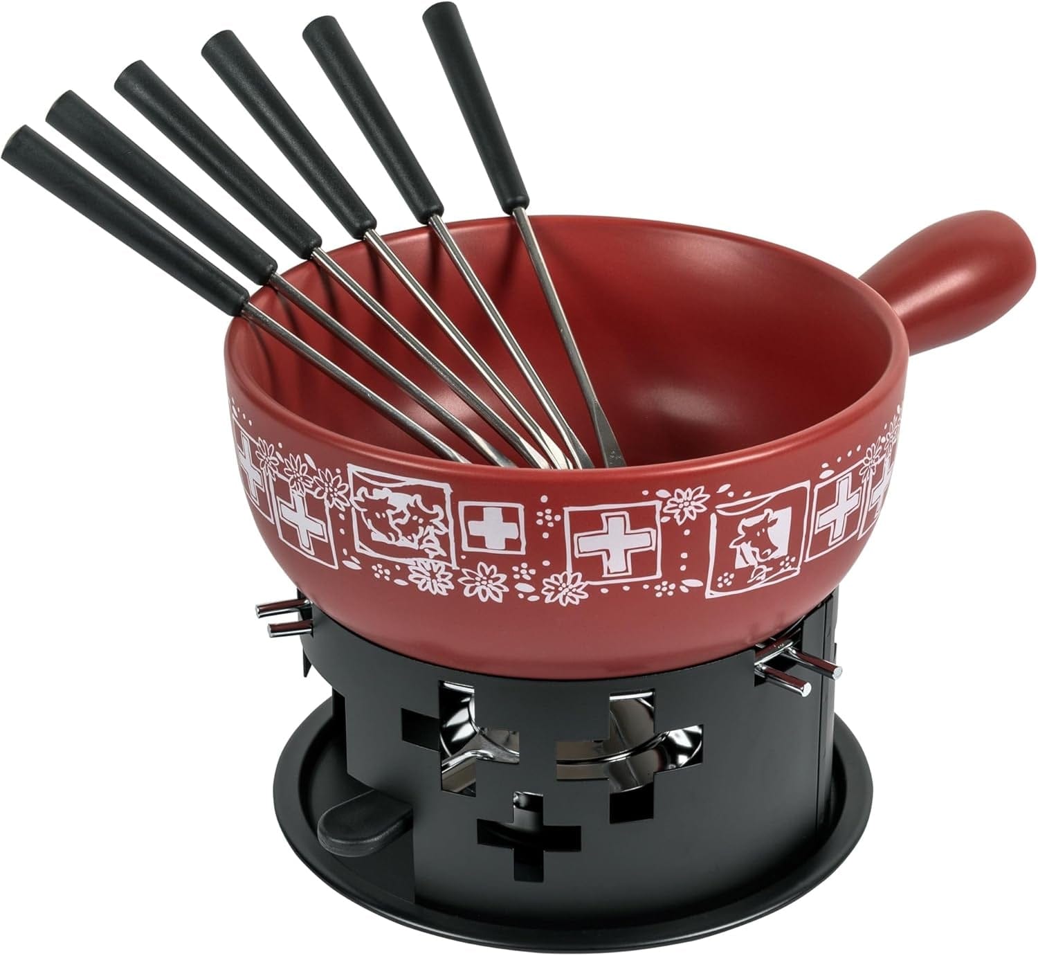 KUHN RIKON Käsefondue Set Suisse Rot· Ø 23 Cm, 2.6 Liter Ideal Für 4-6 Personen, Inkl. 6 Gabeln Und Rechaud Und Pastenbrenner (Ohne Brennpaste)