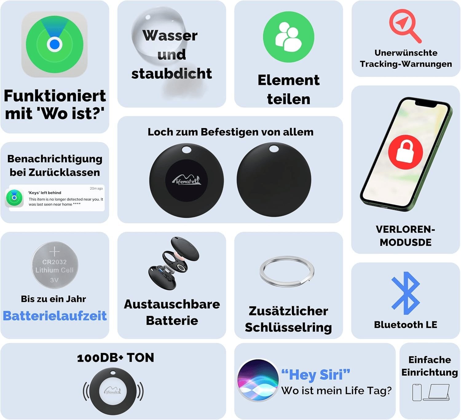 Lifemate Life Tag 8Er-Pack Für Apple „Wo Ist?” Netzwerk – IP67 Wasserfest, 12 Monate Batterie, Lost Mode Mit Ton, Einfache Koppelung Pet Tracking Device