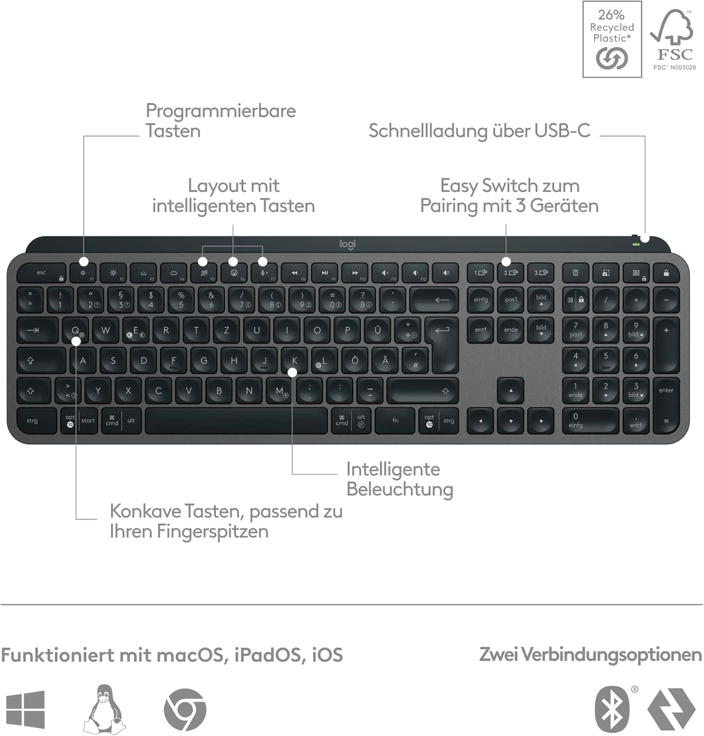 Logitech MX Keys S Kabellose Tastatur, Low Profile, Fluid Quiet Typing, Programmable Keys, Backlighting, Bluetooth, USB C Rechargeable, Für Windows PC, Linux, Chrome, Mac, Deutsches QWERTZ - Grau