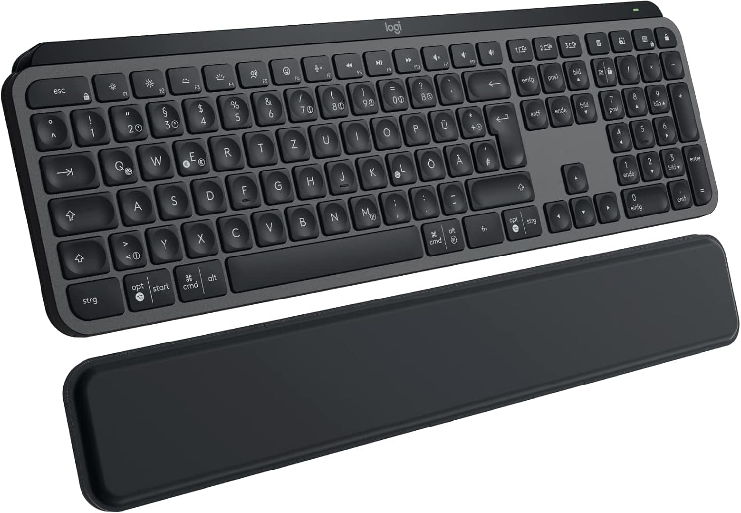 Logitech MX Keys S Kabellose Tastatur, Low Profile, Fluid Quiet Typing, Programmable Keys, Backlighting, Bluetooth, USB C Rechargeable, Für Windows PC, Linux, Chrome, Mac, Deutsches QWERTZ - Grau + Handballenauflage / Graphit