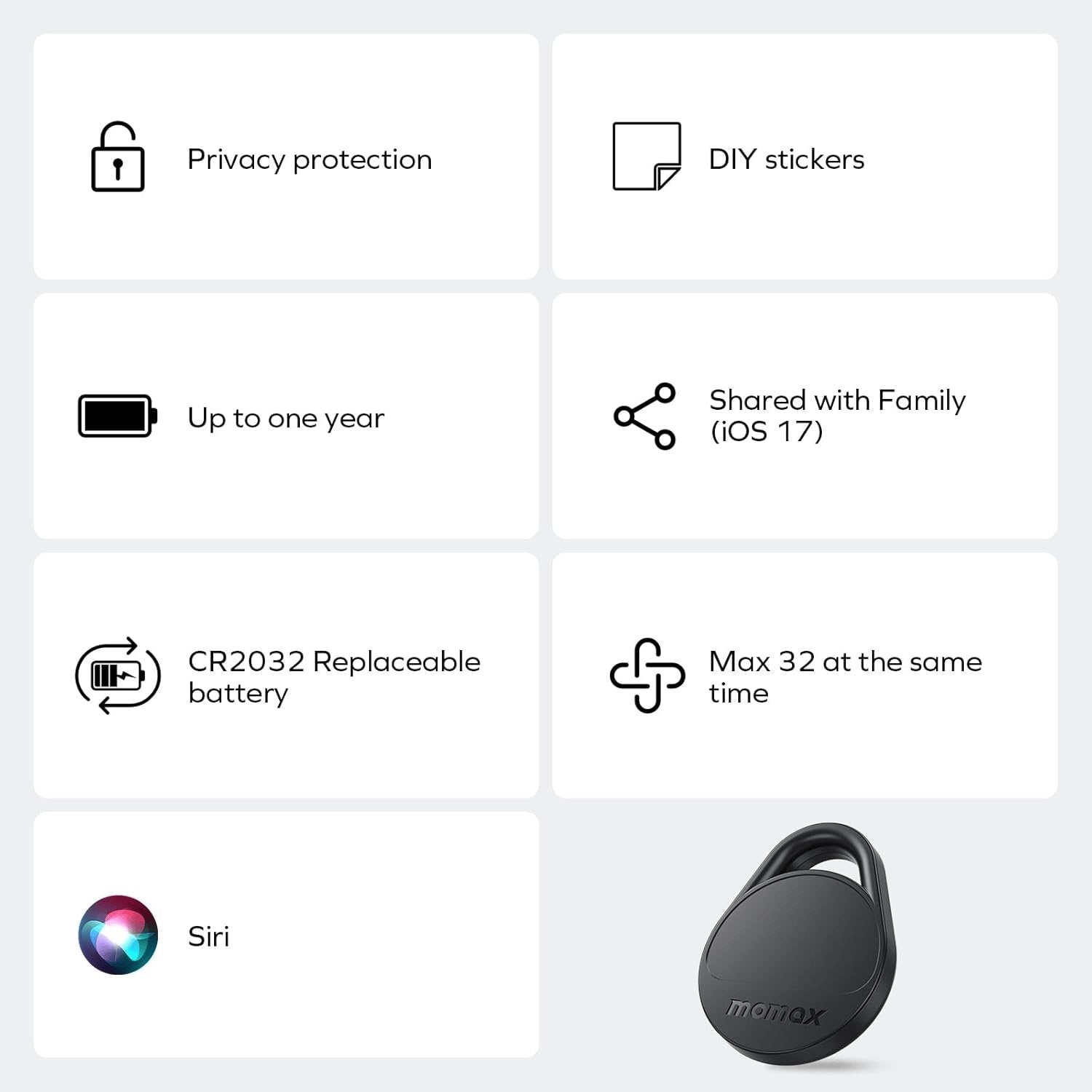 Momax Smart Air Tracker, Luggage Tracker, Smart Tag Für Schlüssel, Rucksäcke, Geldbörsen Und Haustiere, Funktioniert Mit Apple Find My (Nur Ios 18+), Inklusive Globaler Suchabdeckung, 4 Teiliges Set