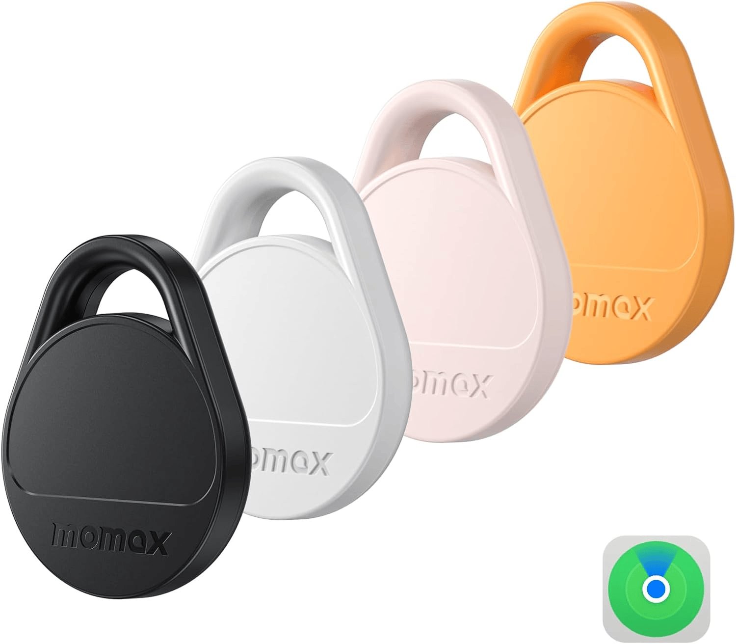 Momax Smart Air Tracker, Luggage Tracker, Smart Tag Für Schlüssel, Rucksäcke, Geldbörsen Und Haustiere, Funktioniert Mit Apple Find My (Nur Ios 18+), Inklusive Globaler Suchabdeckung, 4 Teiliges Set Schwarz/Weiß/Rosa/Orange / 4 Pack