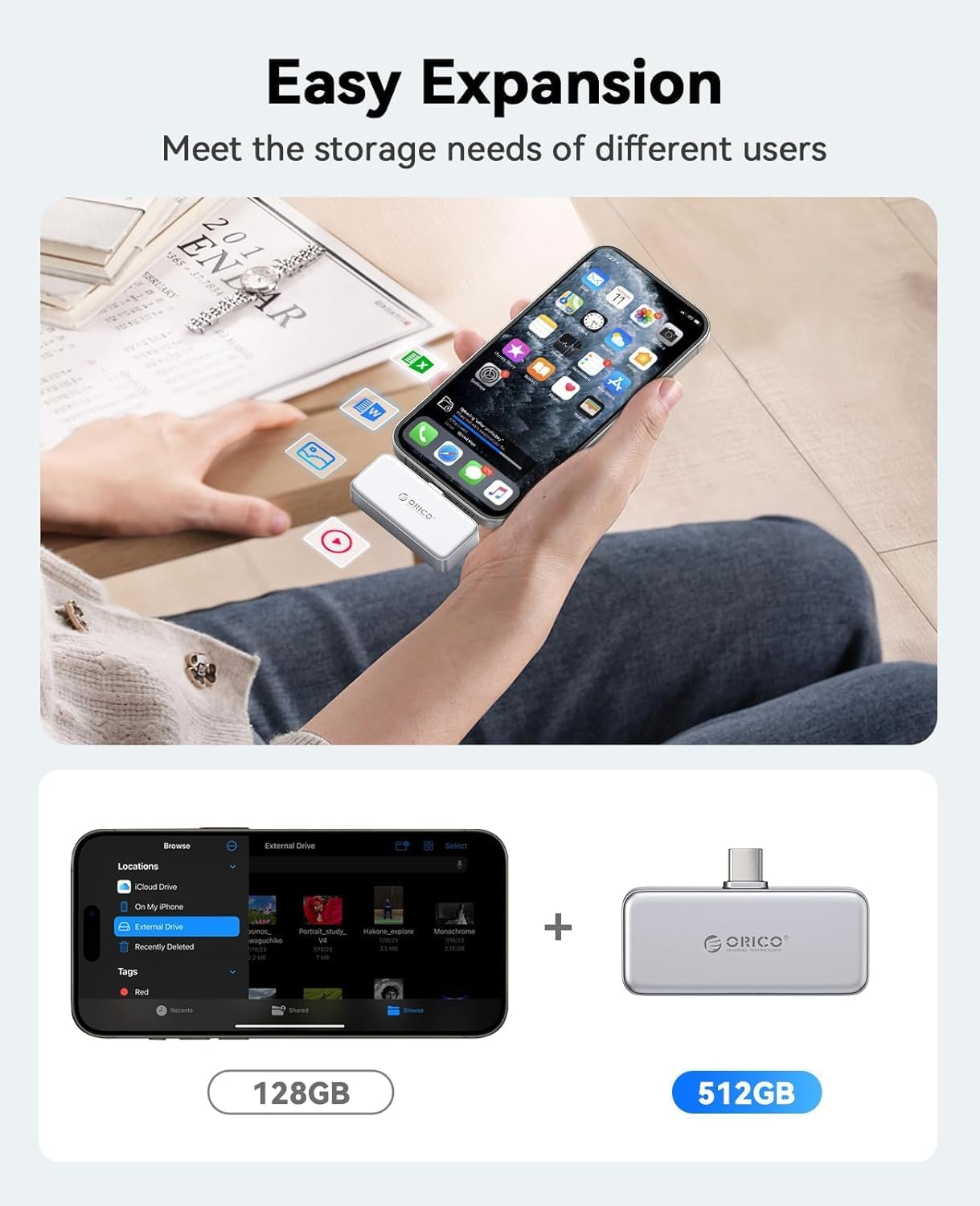 ORICO 512GB Externe SSD Bis Zu 2000 Mb/S Flashpod, Portable SSD Mit 4K 60Hz Prores Aufzeichnung Und Speicherung, Nur Kompatibel Mit Iphone 15/16 Series, Smartphone, Computer Mit Typ-C Anschluss S20 512Gb