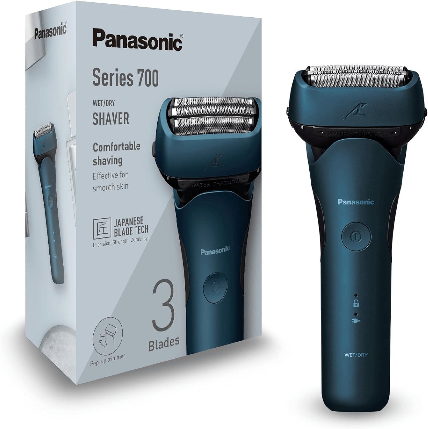 Panasonic Series 700 ES-ALT4B 3-Klingen-Nass- & Trocken-Rasierer Für Männer, Tragbar, Kabellos, Wasserdicht, Bartdichtesensor, Flexibler Rasierkopf, Ausklappbarer Trimmer, Dunkelblau