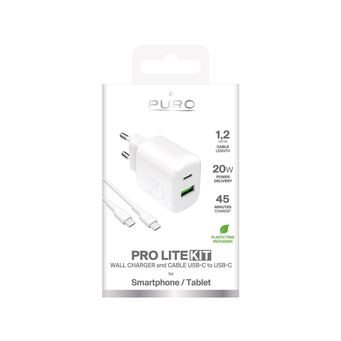 Puro PROLITE 20W USB-A USB-C wall charger with USB-C cable 1.2m - white