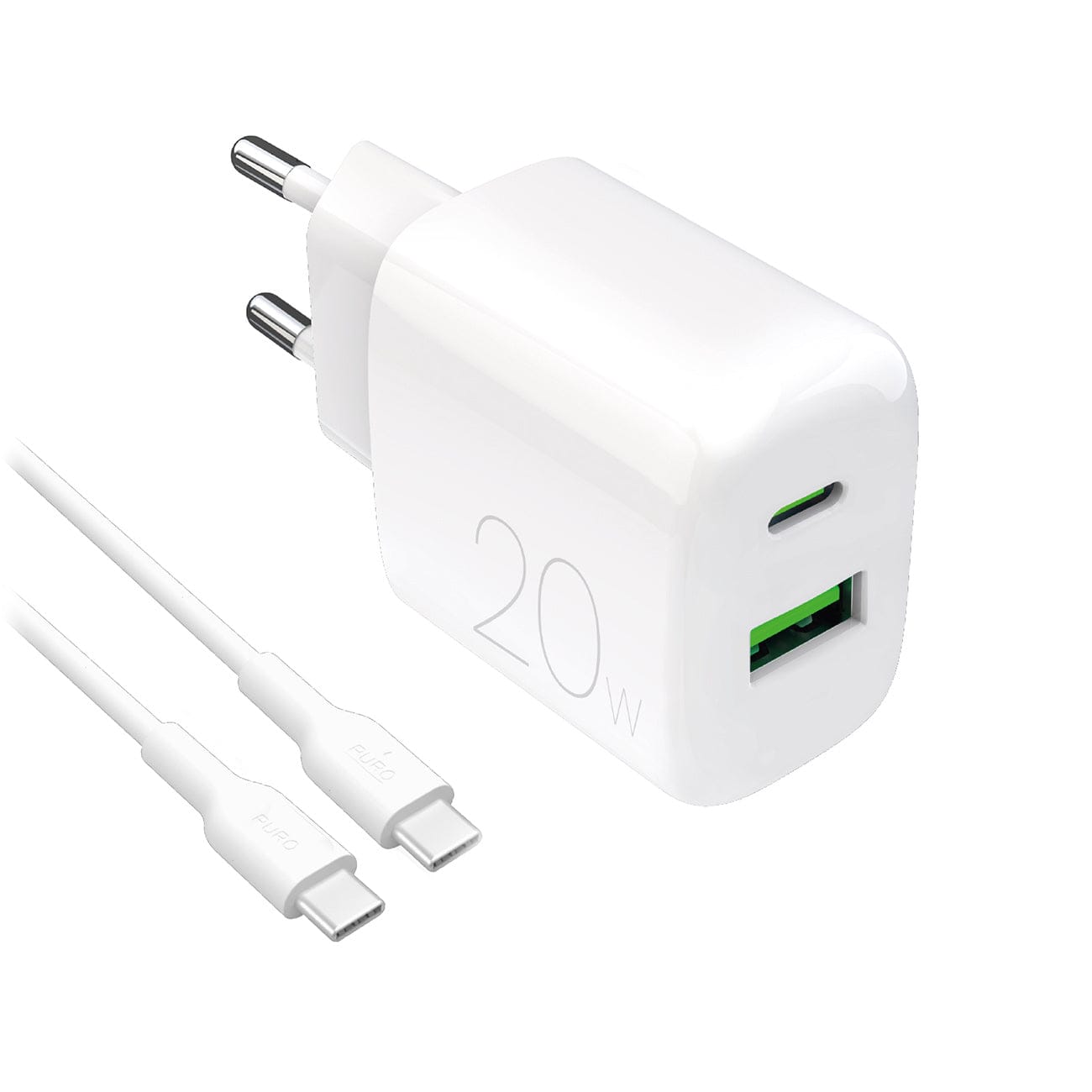 Puro PROLITE 20W USB-A USB-C wall charger with USB-C cable 1.2m - white