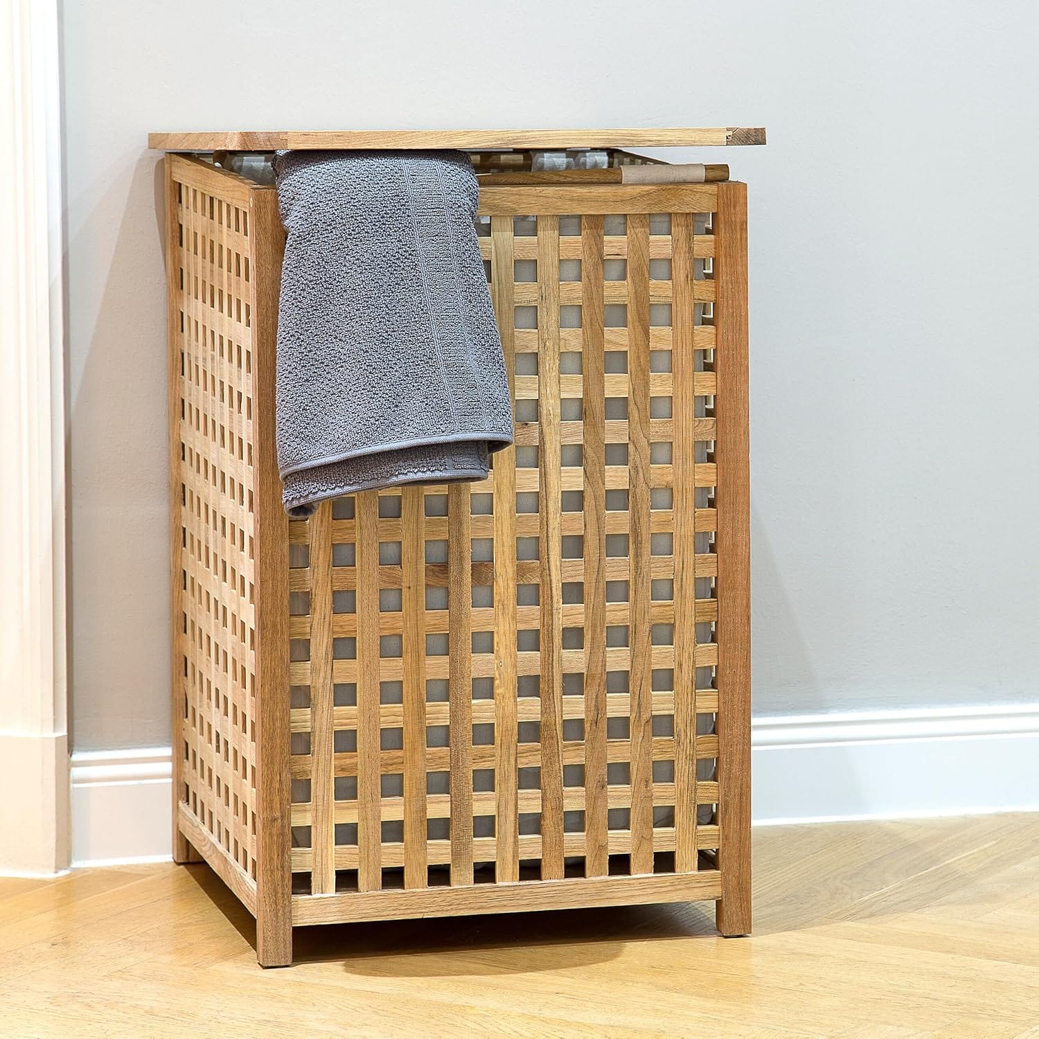 Relaxdays Wäschesammler Mit Deckel, 75 L Stoff-Wäschesack, Walnussholz, HBT: 67,5X45,7X45,7 Cm, Wäschesortierer, Natur Single