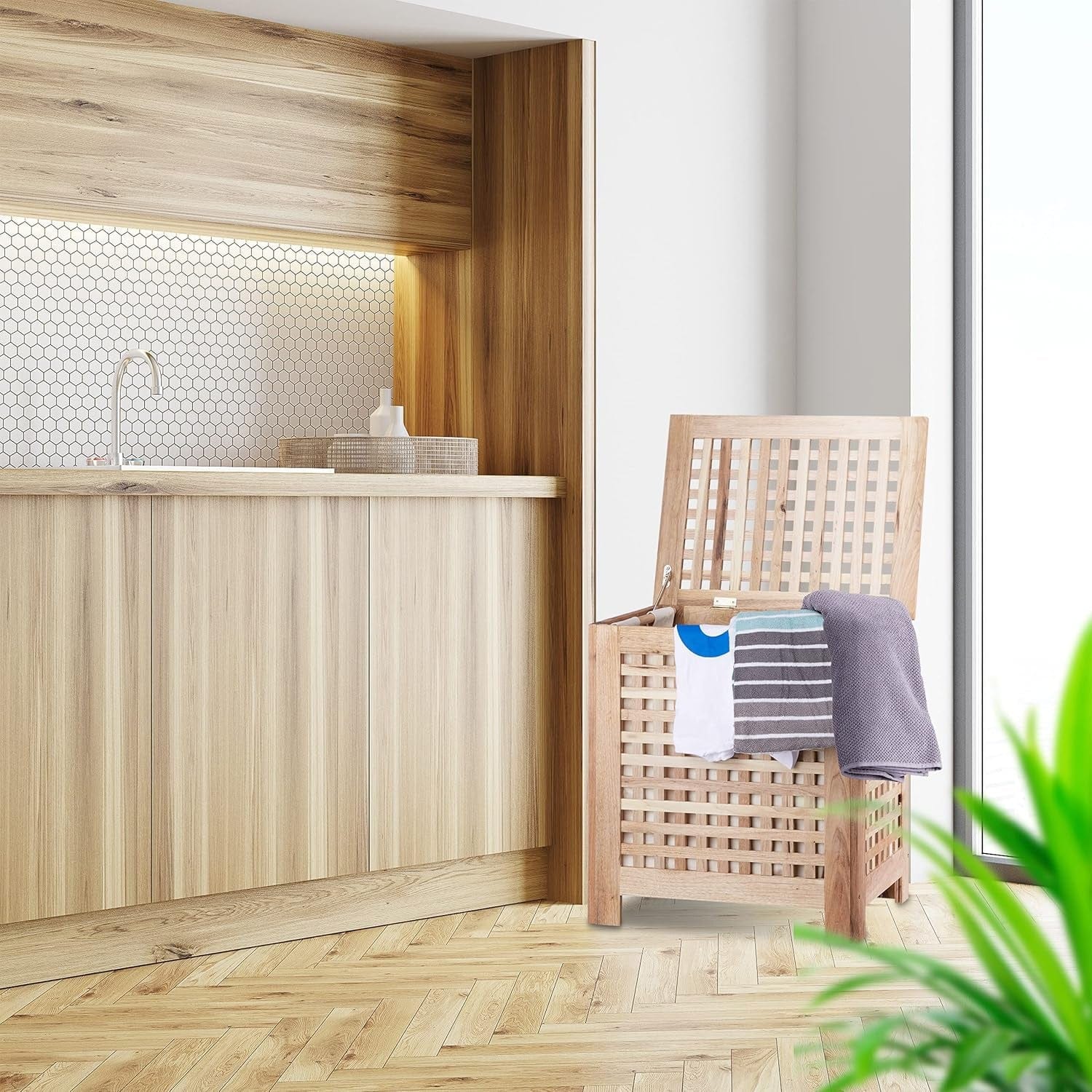 Relaxdays Wäschetruhe Walnuss Mit Deckel, Entnehmbarer Wäschesack Ca. 70 L Volumen, Geschlossener Wäschesammler Holz HBT Ca. 55,5 X 52,5 X 39,5 Cm, Natur