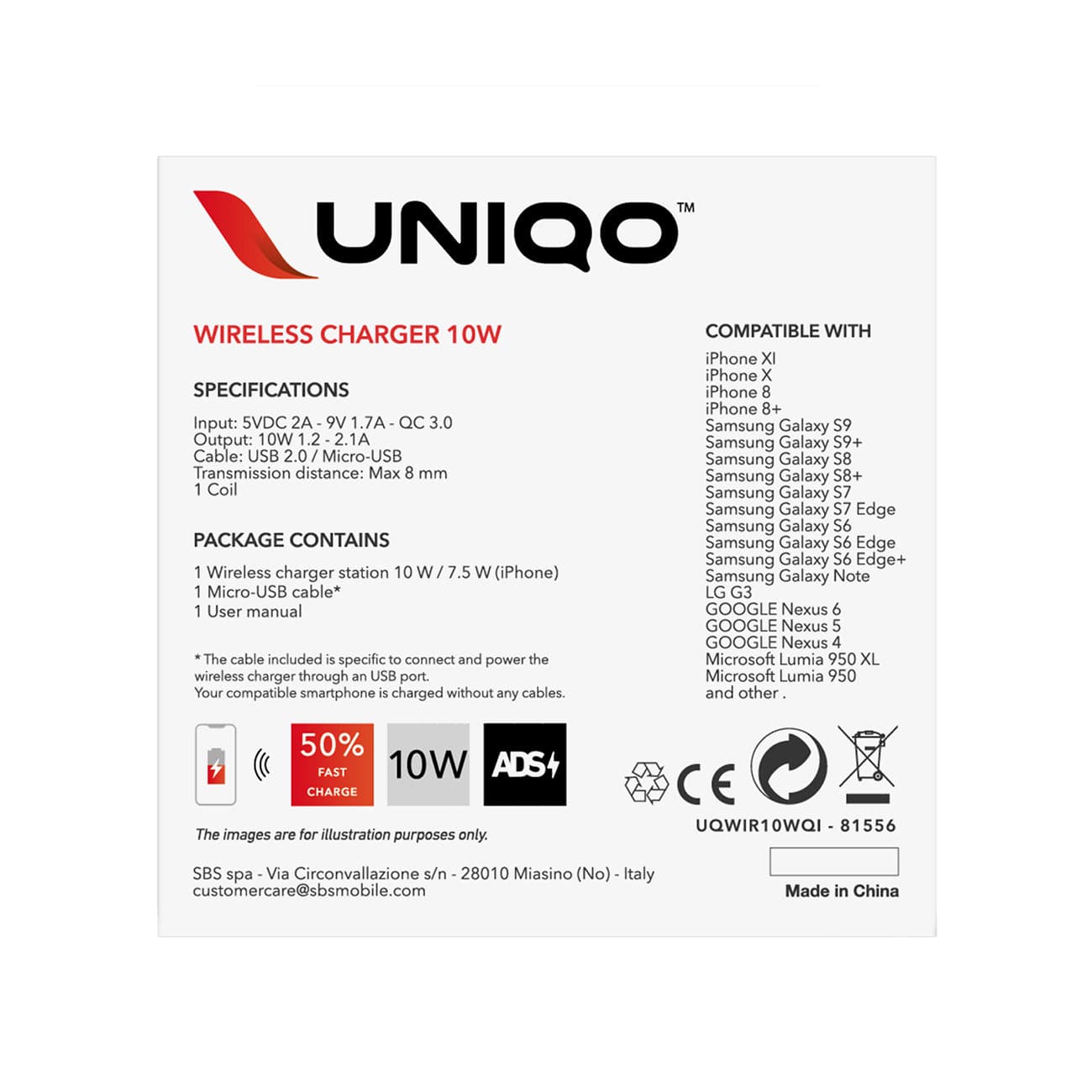 SBS UQWIR10WQI 10W Quick Charge 3.0 Wireless Charger - Black