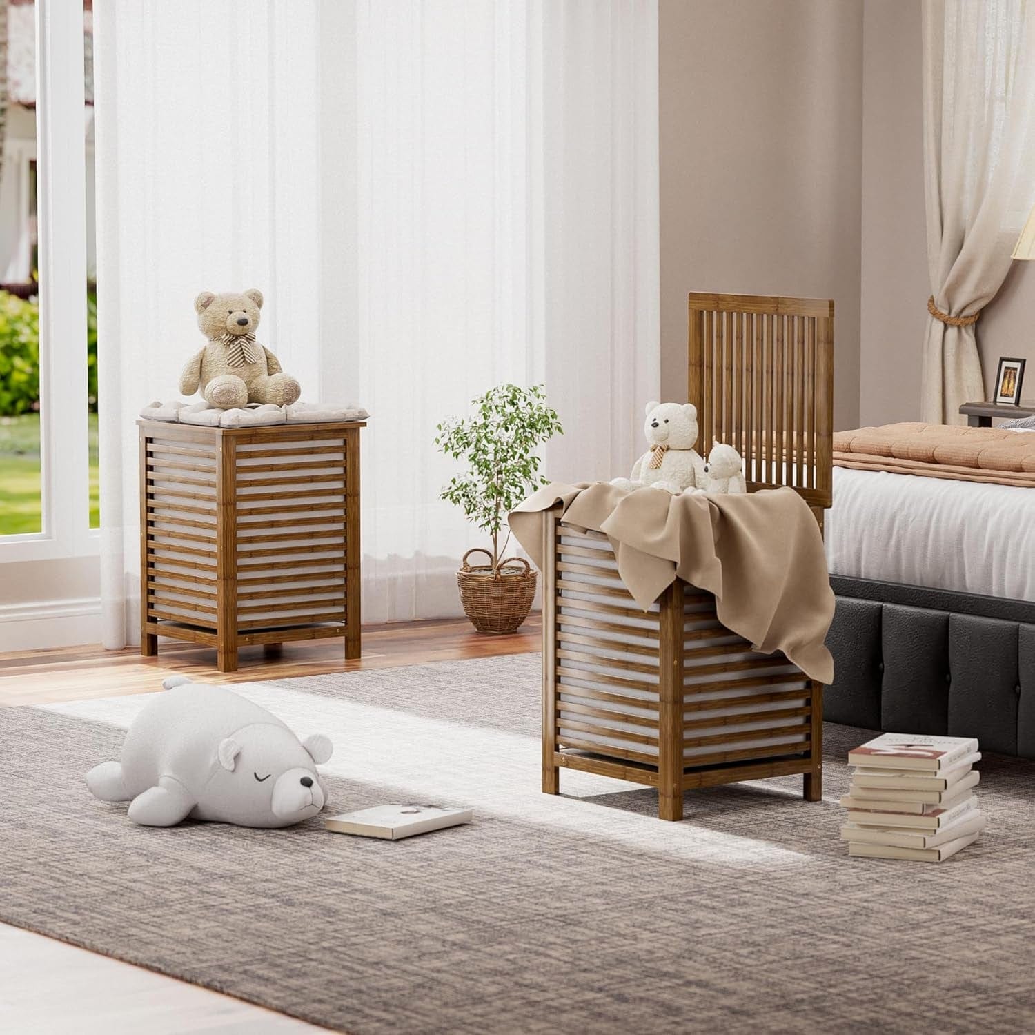 SMIBUY Großer Wäschekorb Aus Bambus Mit Deckel Zur Aufbewahrung Von Kleidung, Spielzeug Und Handtüchern (Nussbaum)