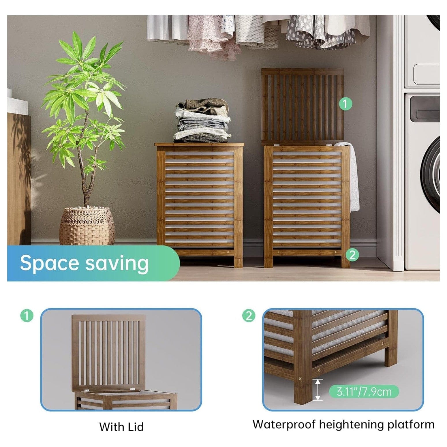 SMIBUY Großer Wäschekorb Aus Bambus Mit Deckel Zur Aufbewahrung Von Kleidung, Spielzeug Und Handtüchern (Nussbaum)